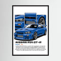 Blue Nissan R34 GT-R illustration with close-up panels of the car details.