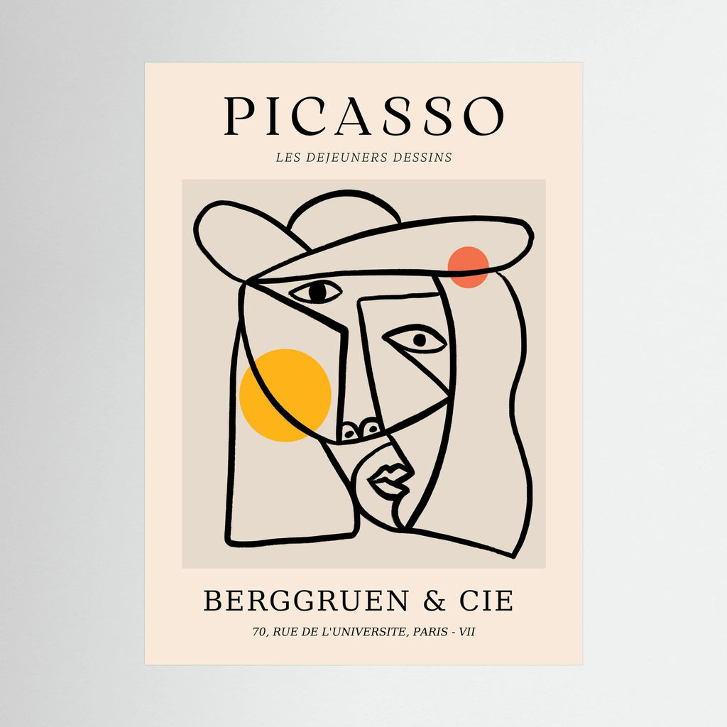 Cubist face drawn in strong black lines with yellow and orange circles on a neutral exhibition-style poster, shown in product view 4.