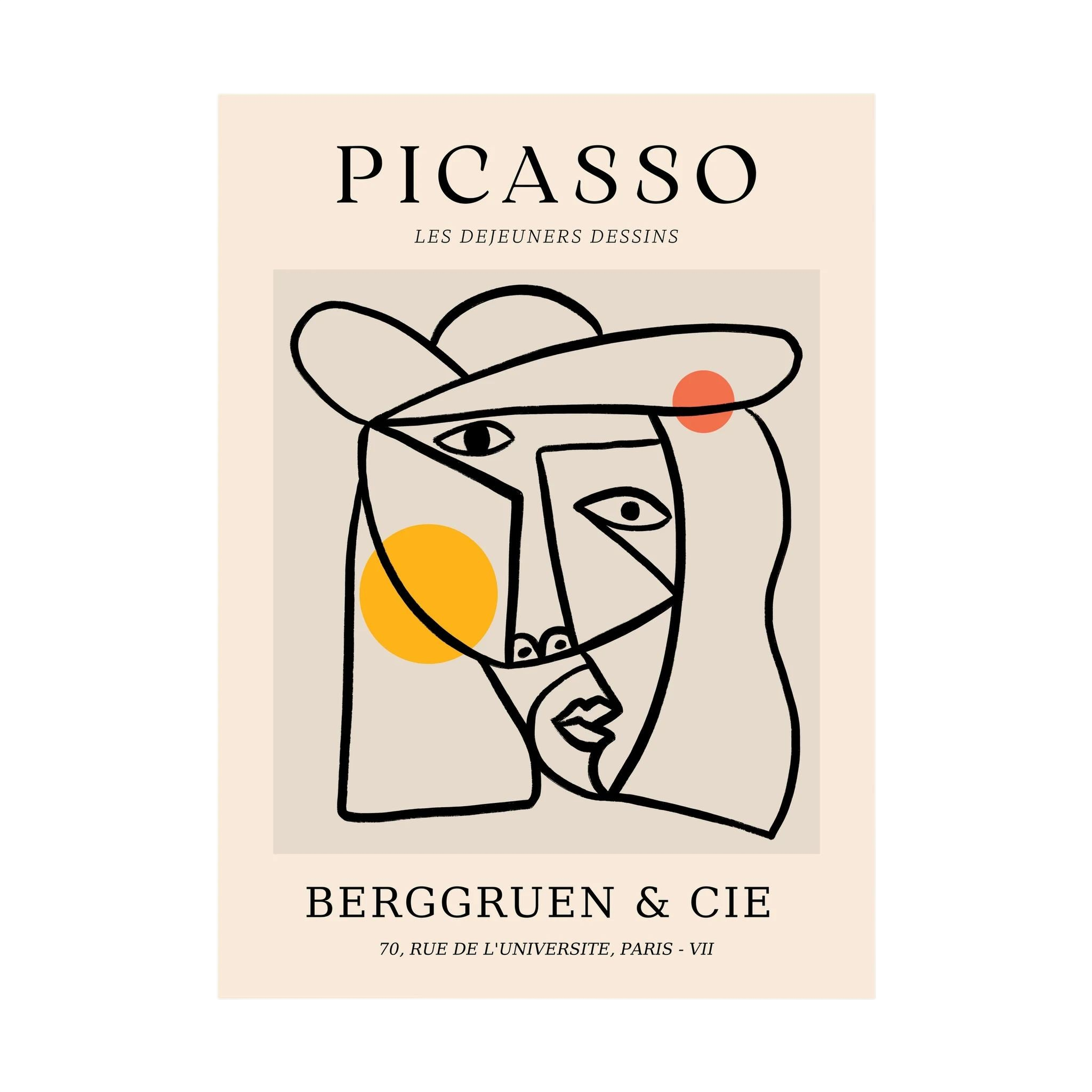 Cubist face drawn in strong black lines with yellow and orange circles on a neutral exhibition-style poster, shown in product view 4.