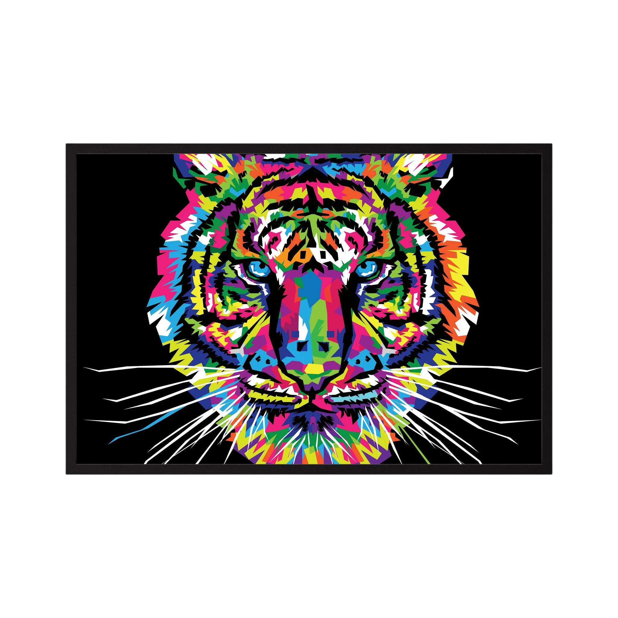 Colourful neon pop art tiger face against a black background.