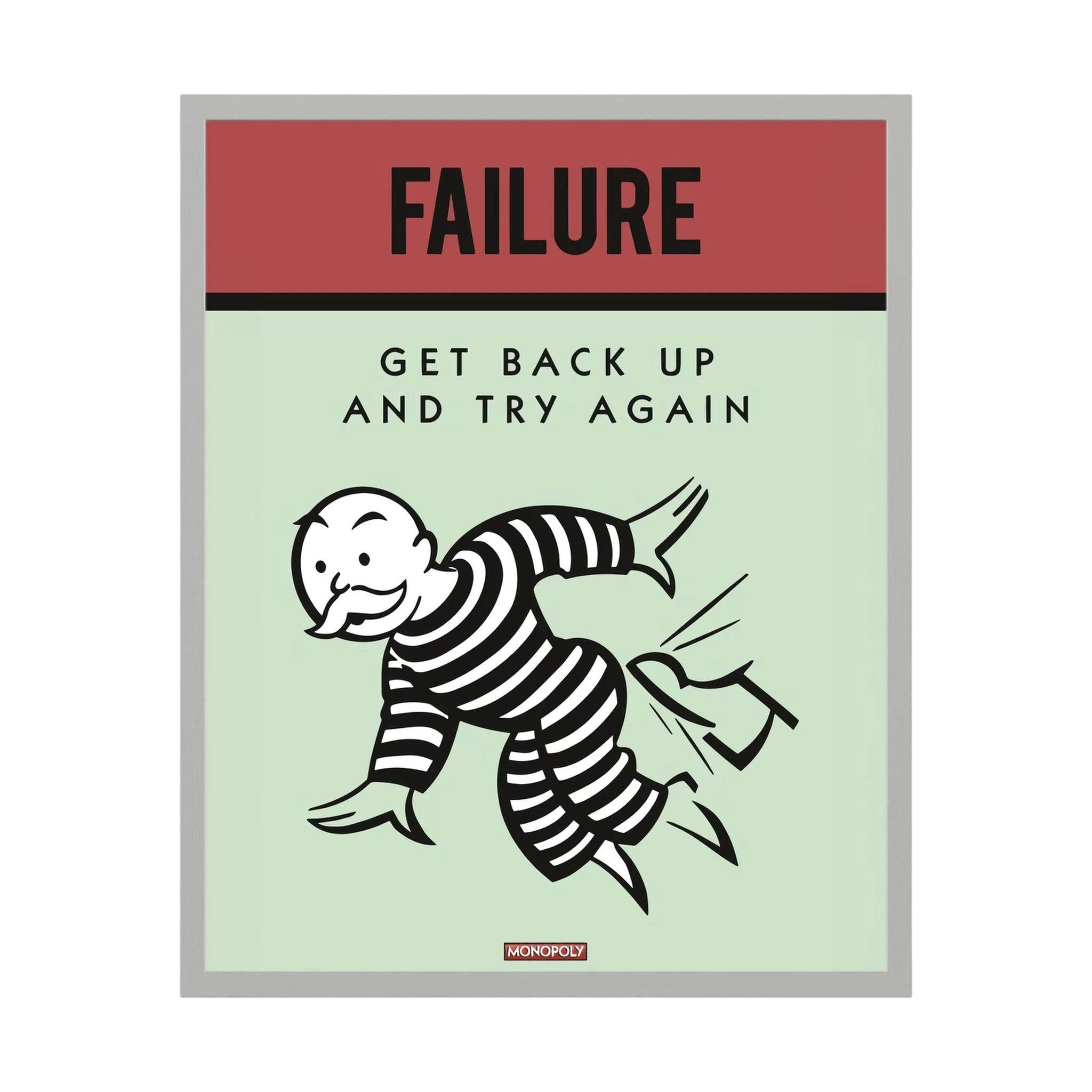Retro poster reading failure get back up and try again with a striped cartoon figure.