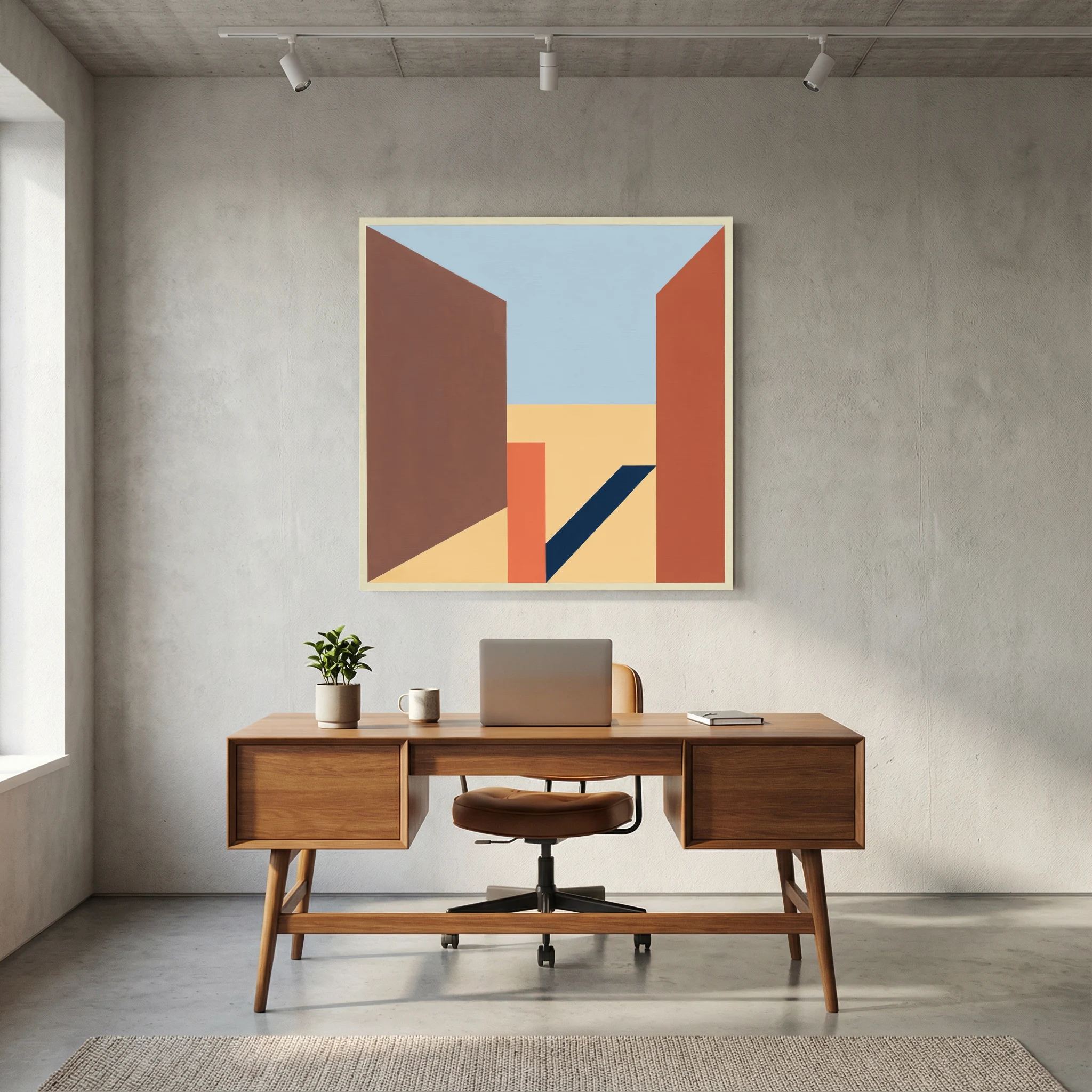 Terracotta and brown architectural planes opening towards a pale blue sky in a geometric composition, shown in product view 5.