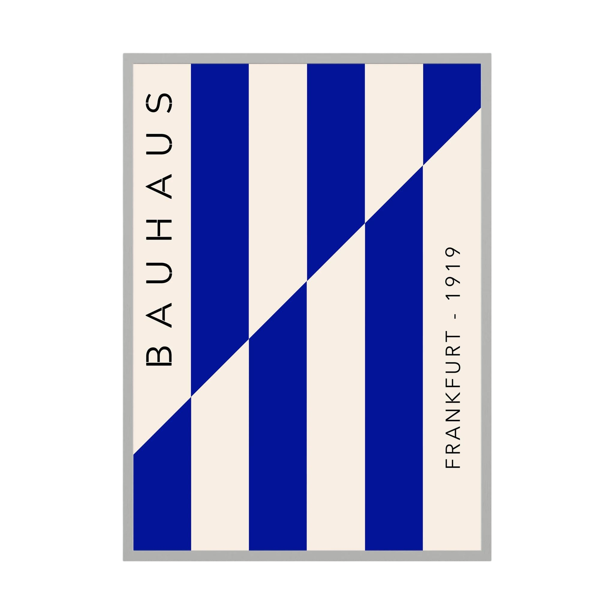 Blue and cream Bauhaus poster with diagonal striped geometric design.