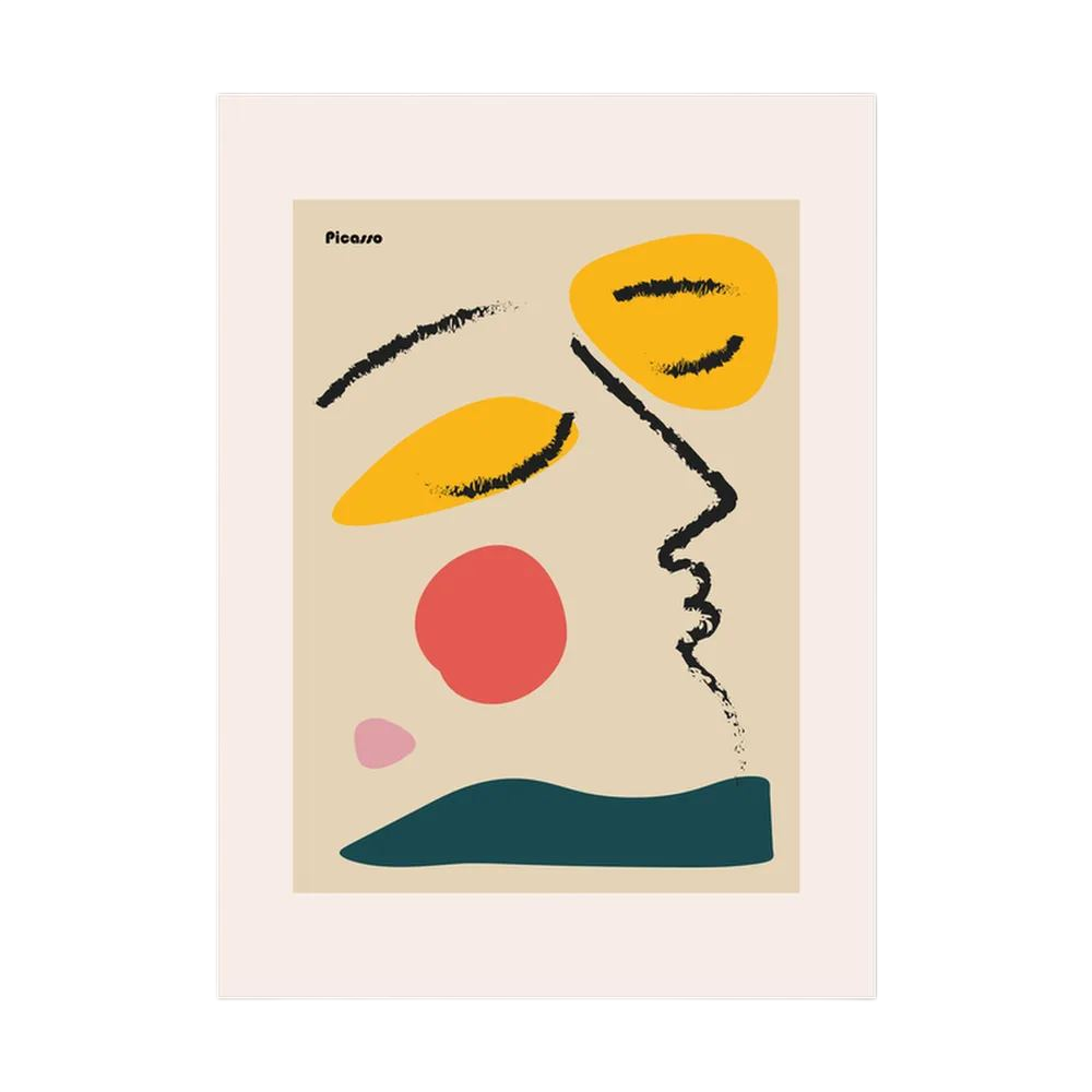 Black brush lines trace a side profile among orange, yellow, coral, pink and deep teal shapes, shown in product view 2.