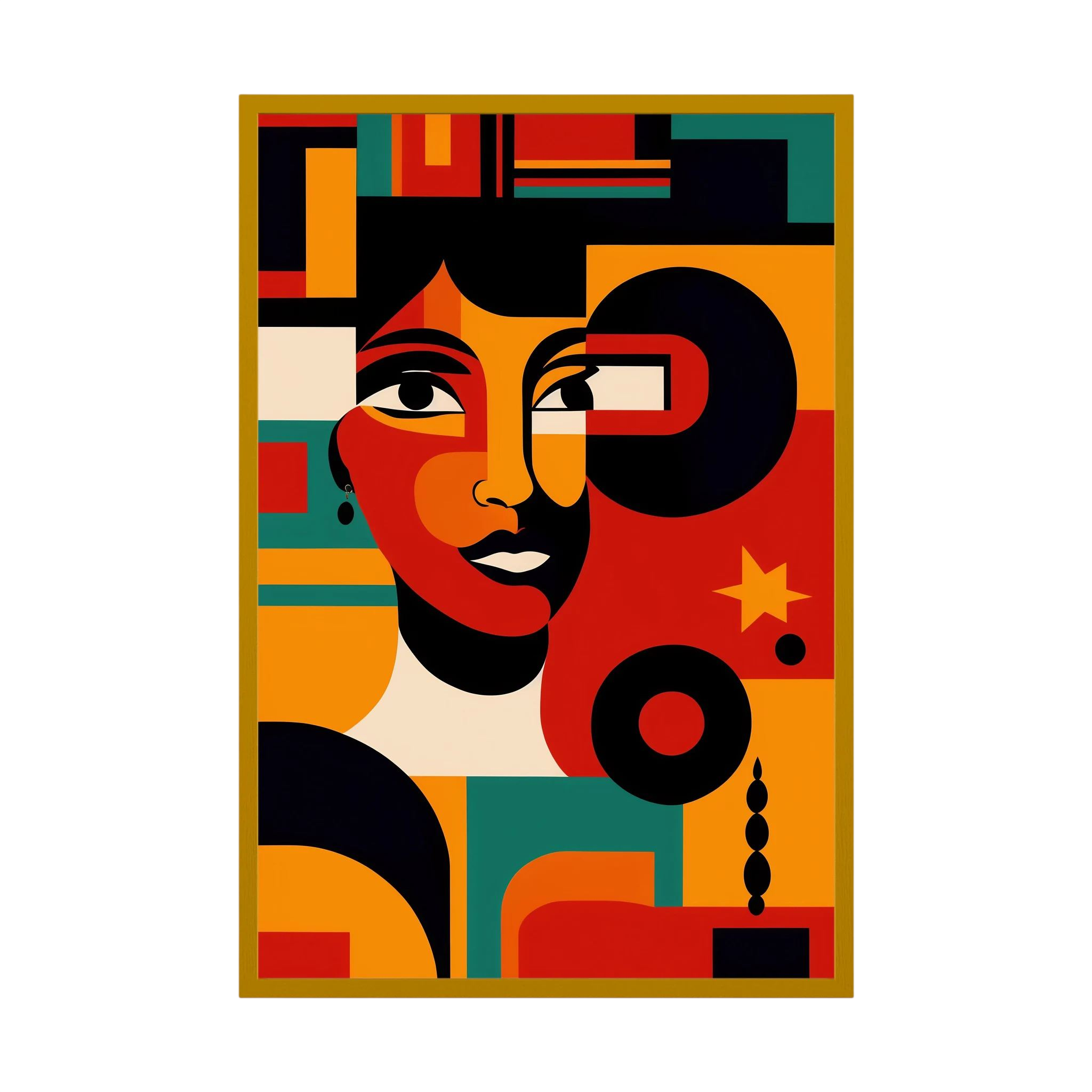Cubist-inspired seated woman in a patterned dress set against a blue wall and delicate white flowers, shown in product view 5.