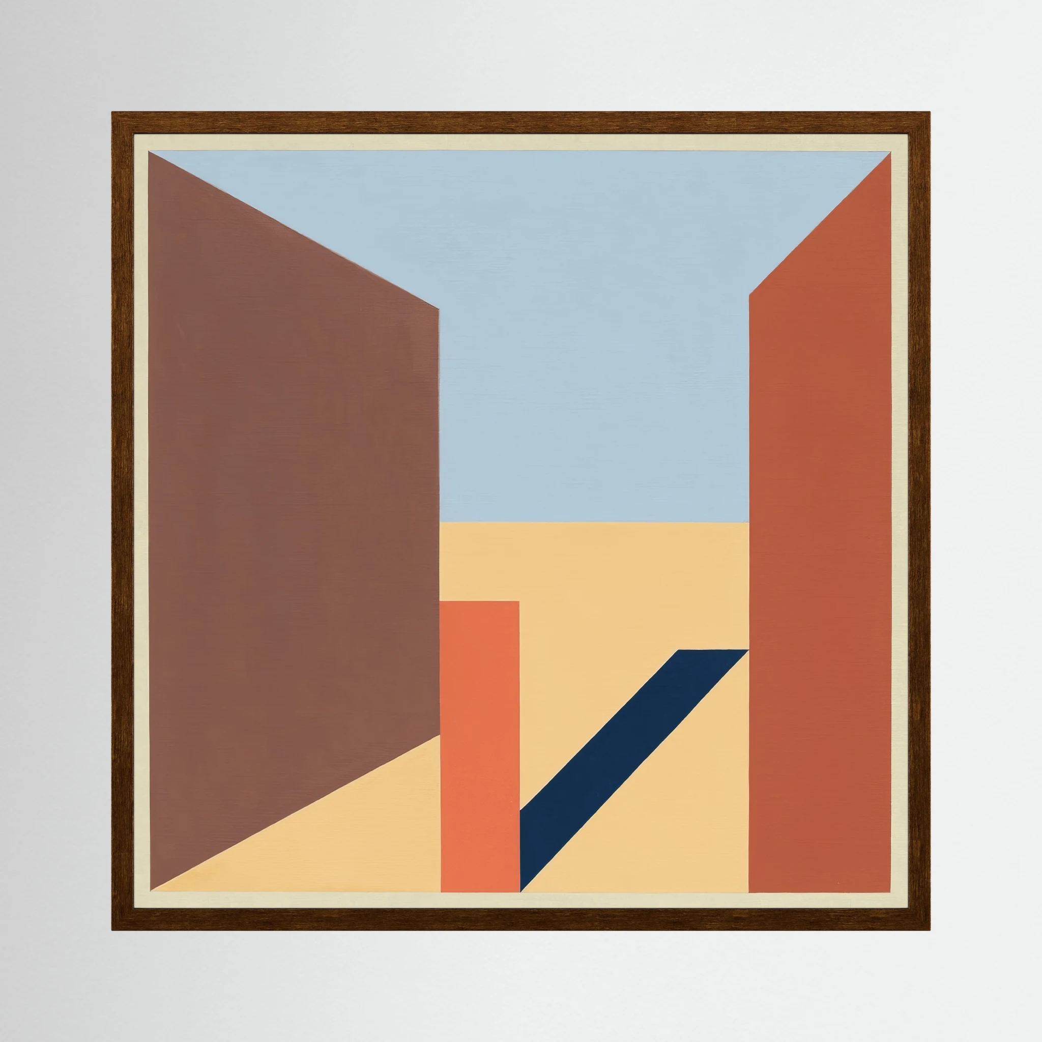 Terracotta and brown architectural planes opening towards a pale blue sky in a geometric composition, shown in product view 2.