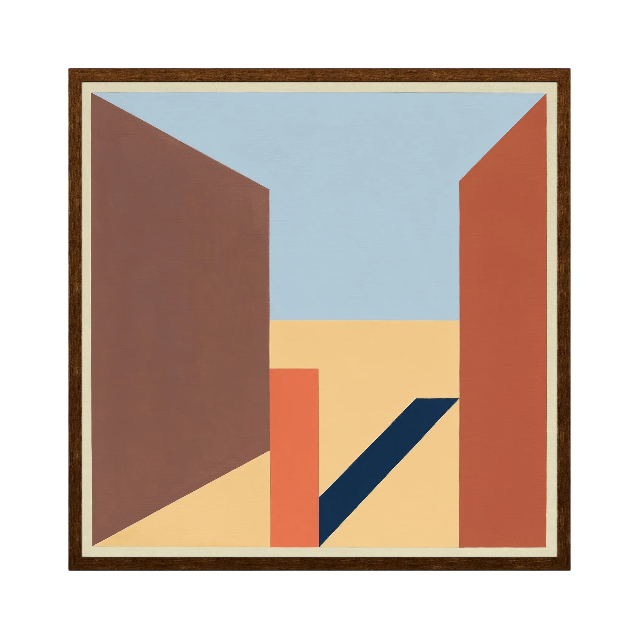 Terracotta and brown architectural planes opening towards a pale blue sky in a geometric composition, shown in product view 2.