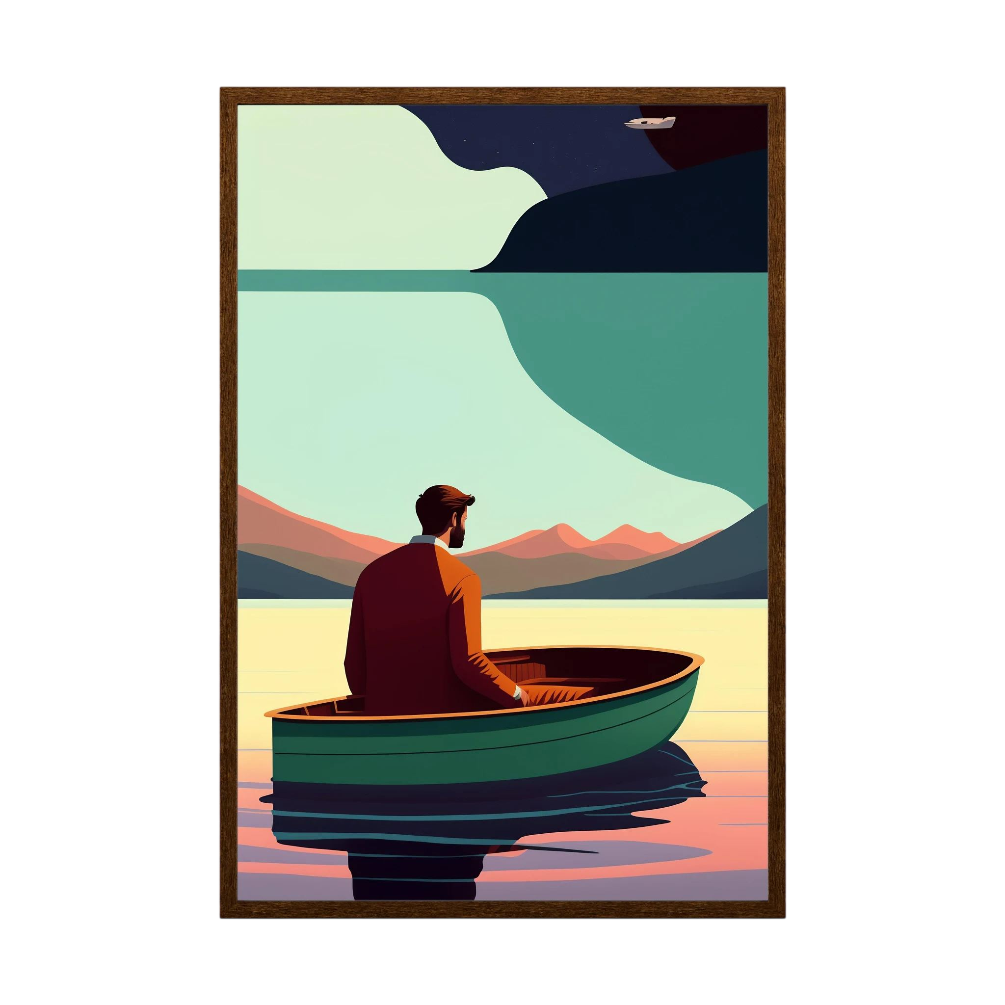 Solitary man seated in a green boat on still water beneath stylised mountains and a dark sky.