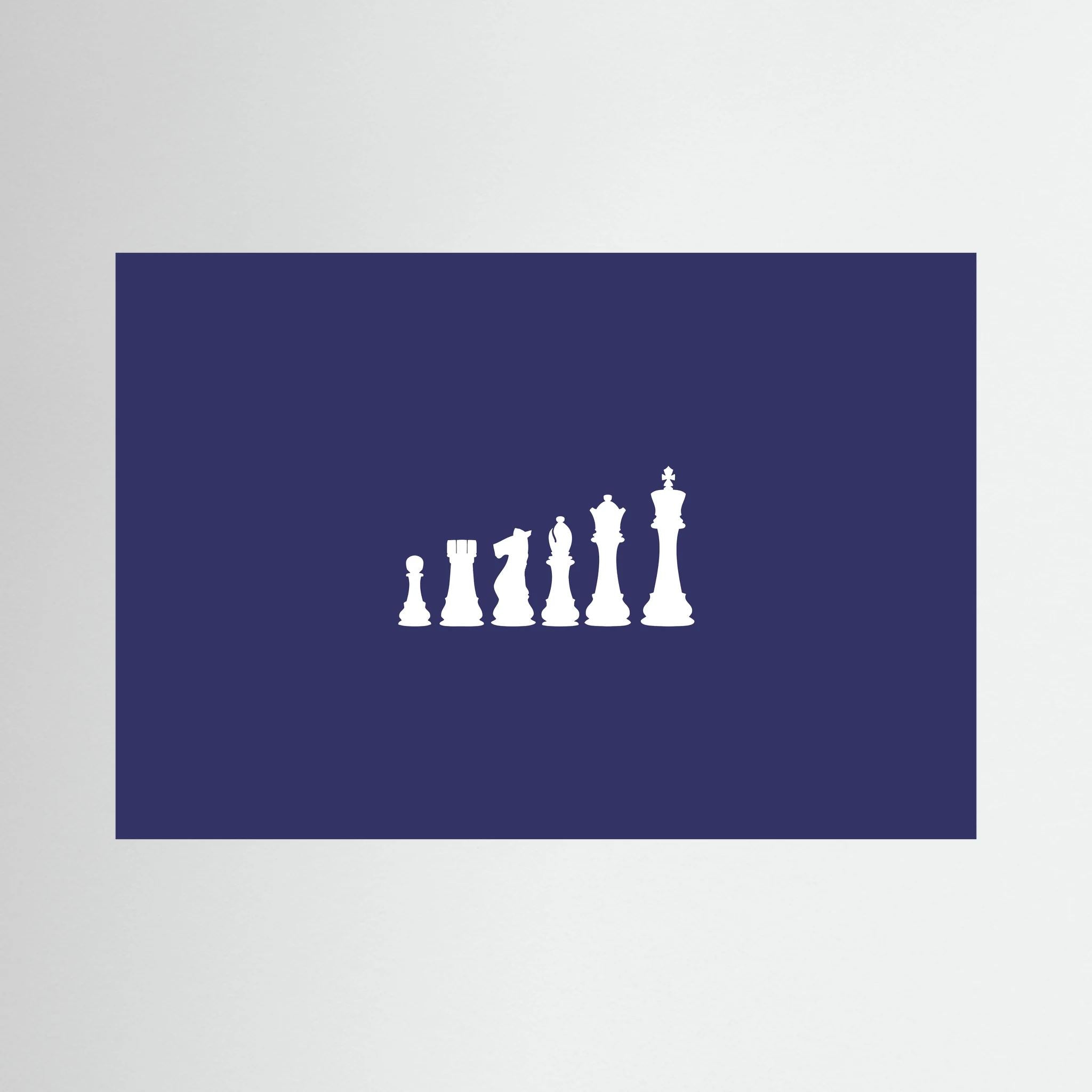 White chess pieces rise from pawn to king across a spacious deep navy field.
