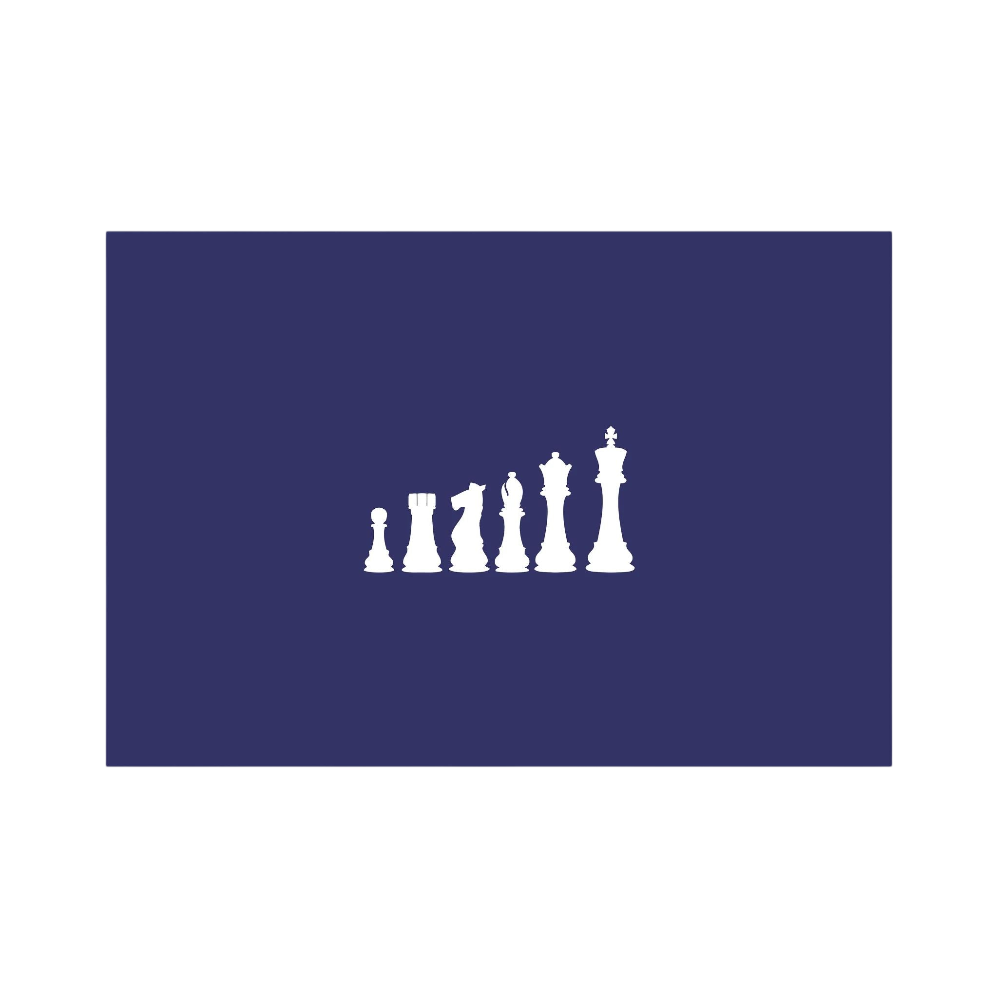 White chess pieces rise from pawn to king across a spacious deep navy field.