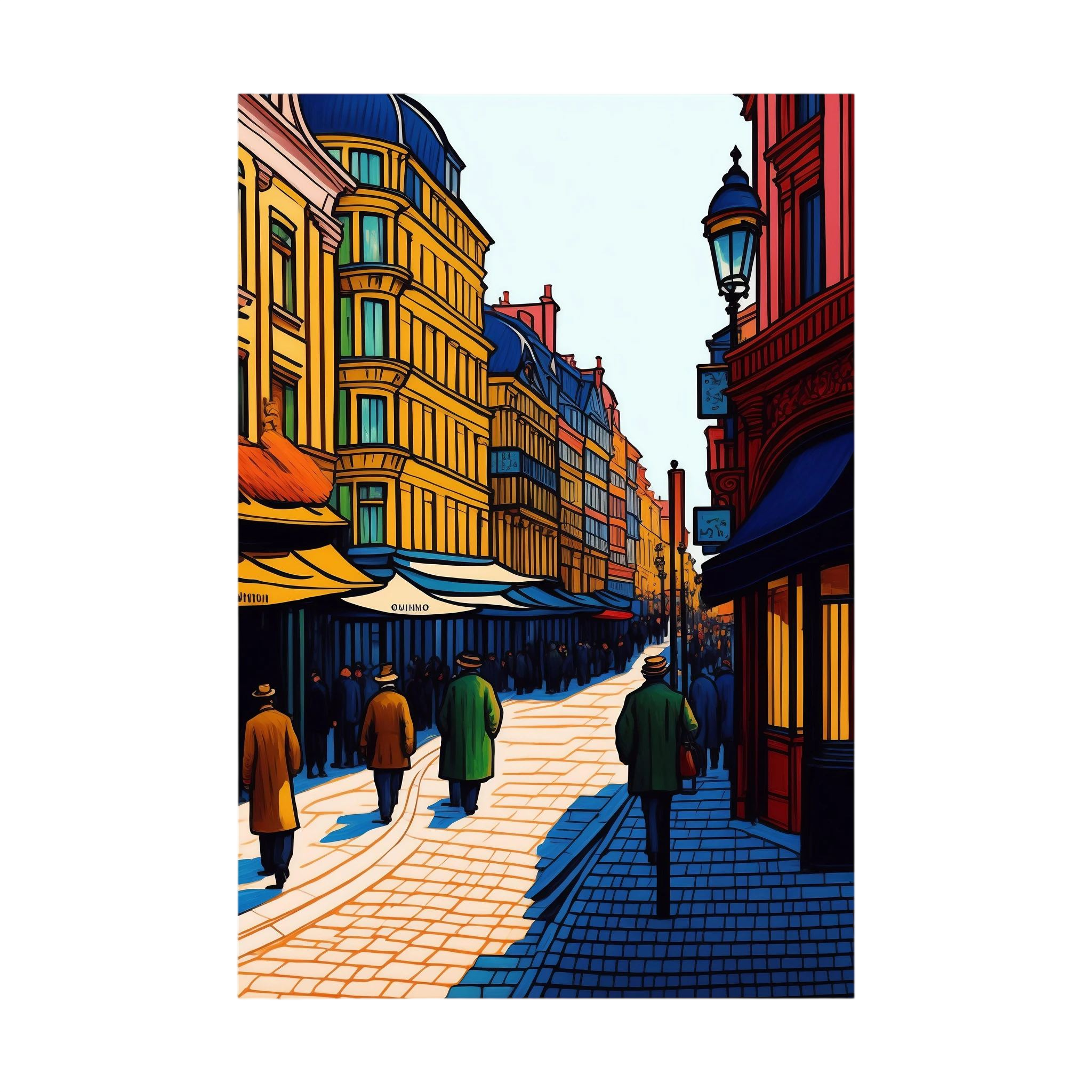 Colourful illustrated European street with warm buildings, blue shadows and pedestrians.