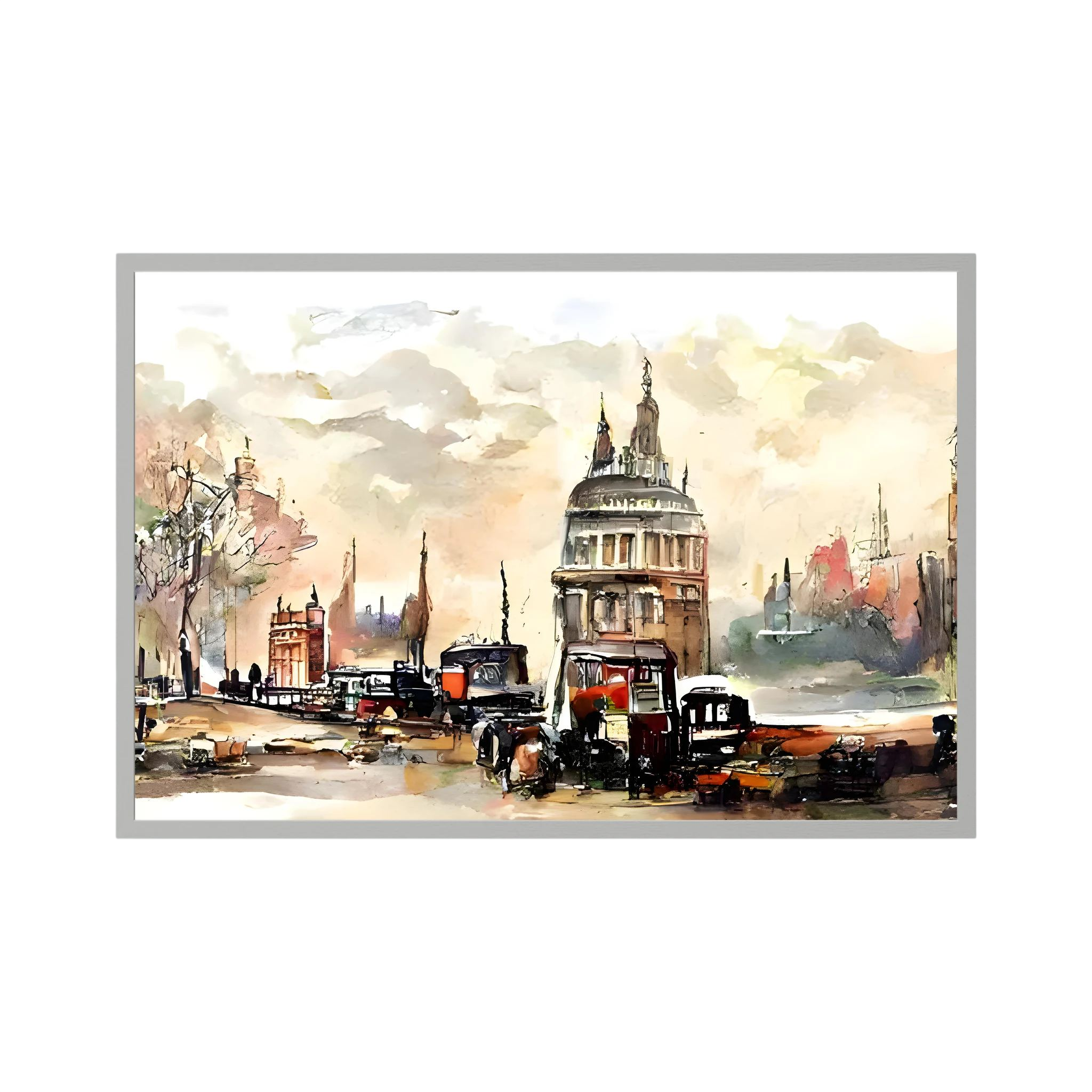 Watercolour London city scene with St Paul's Cathedral and street traffic.