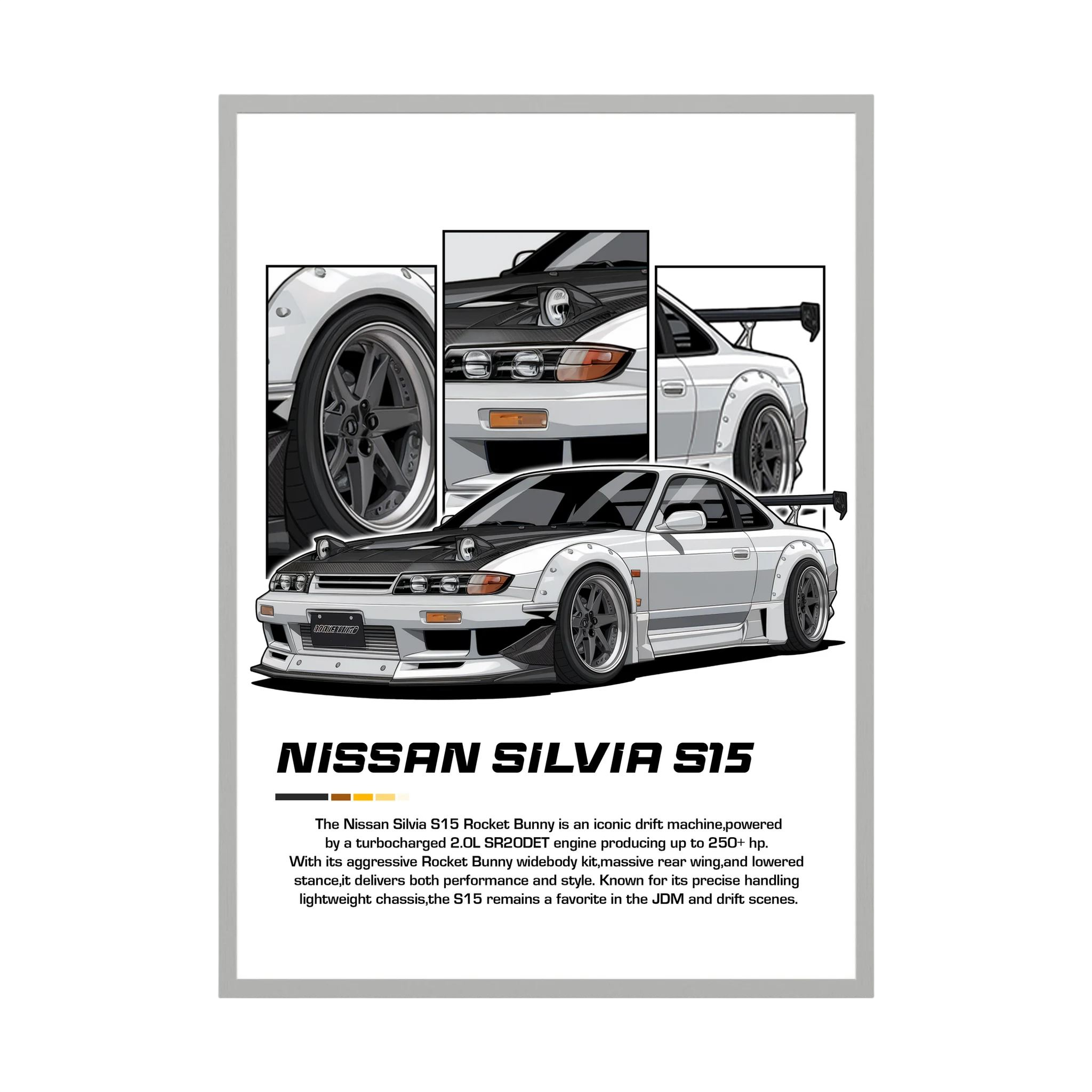 Silver Nissan Silvia S15 illustration with detailed wheel, front and rear body panels.