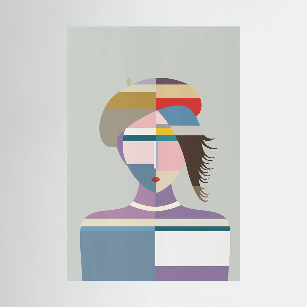 Faceted portrait of a woman in a red cap rendered in blue, lavender, grey and cream, shown in product view 4.