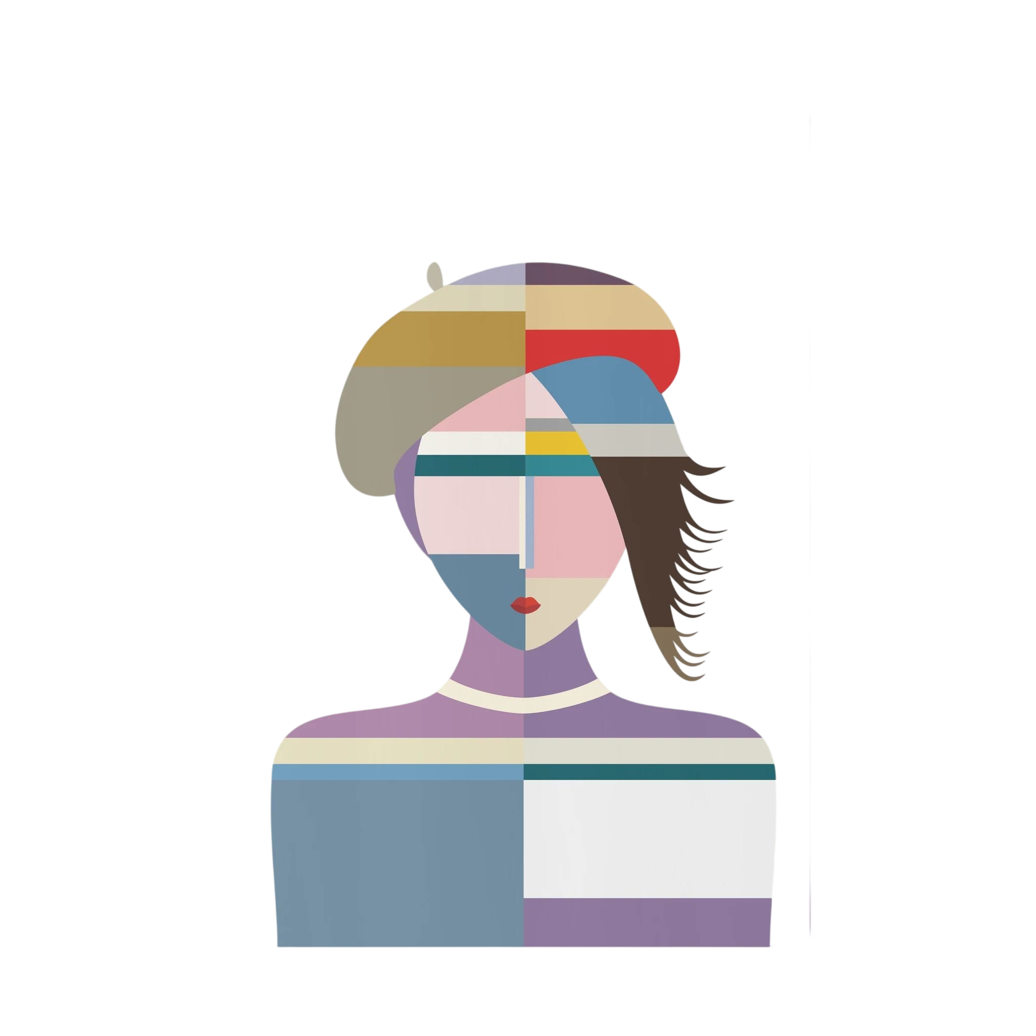 Faceted portrait of a woman in a red cap rendered in blue, lavender, grey and cream, shown in product view 4.