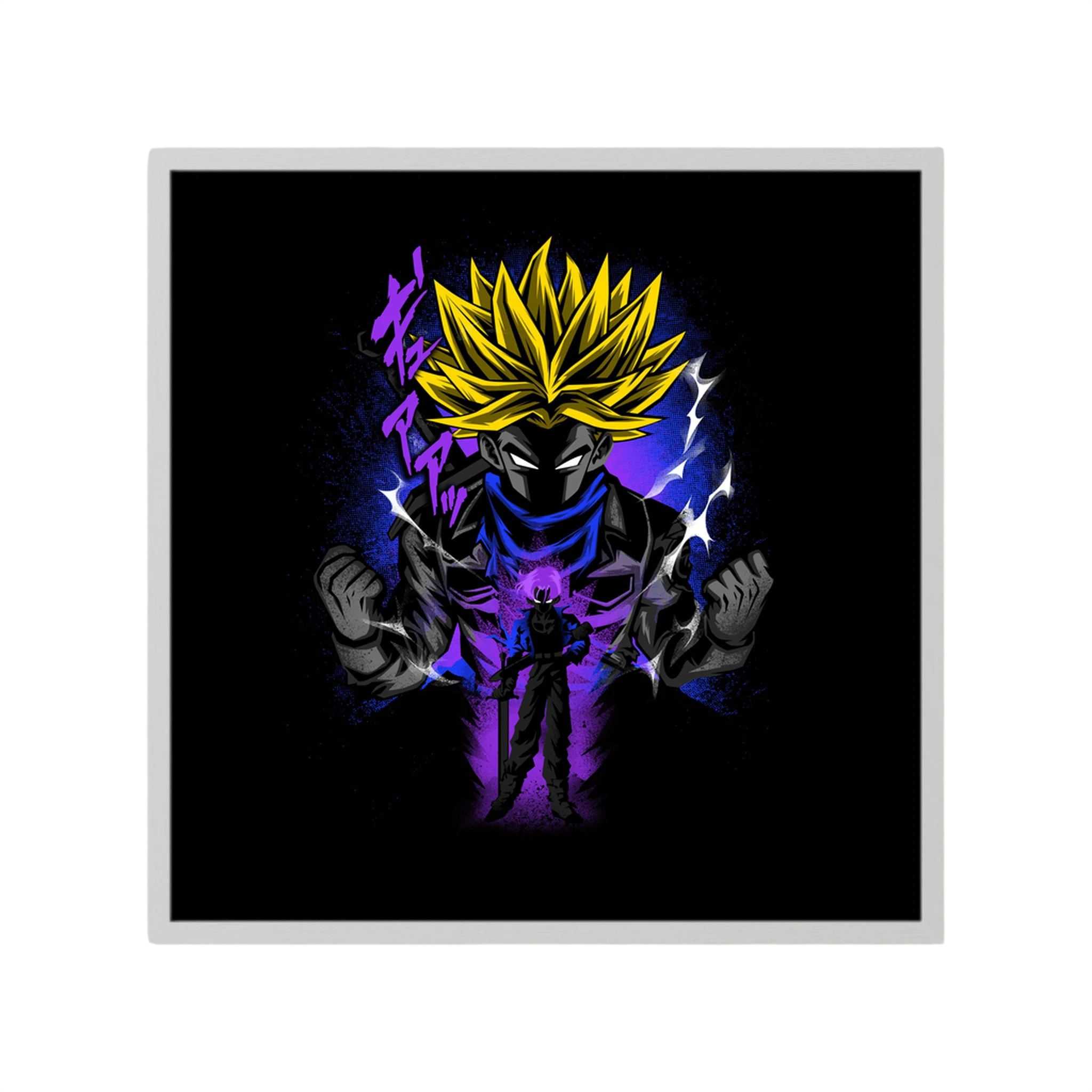 Spiky yellow-haired anime warrior powers up amid purple energy and white lightning on black, shown in product view 4.