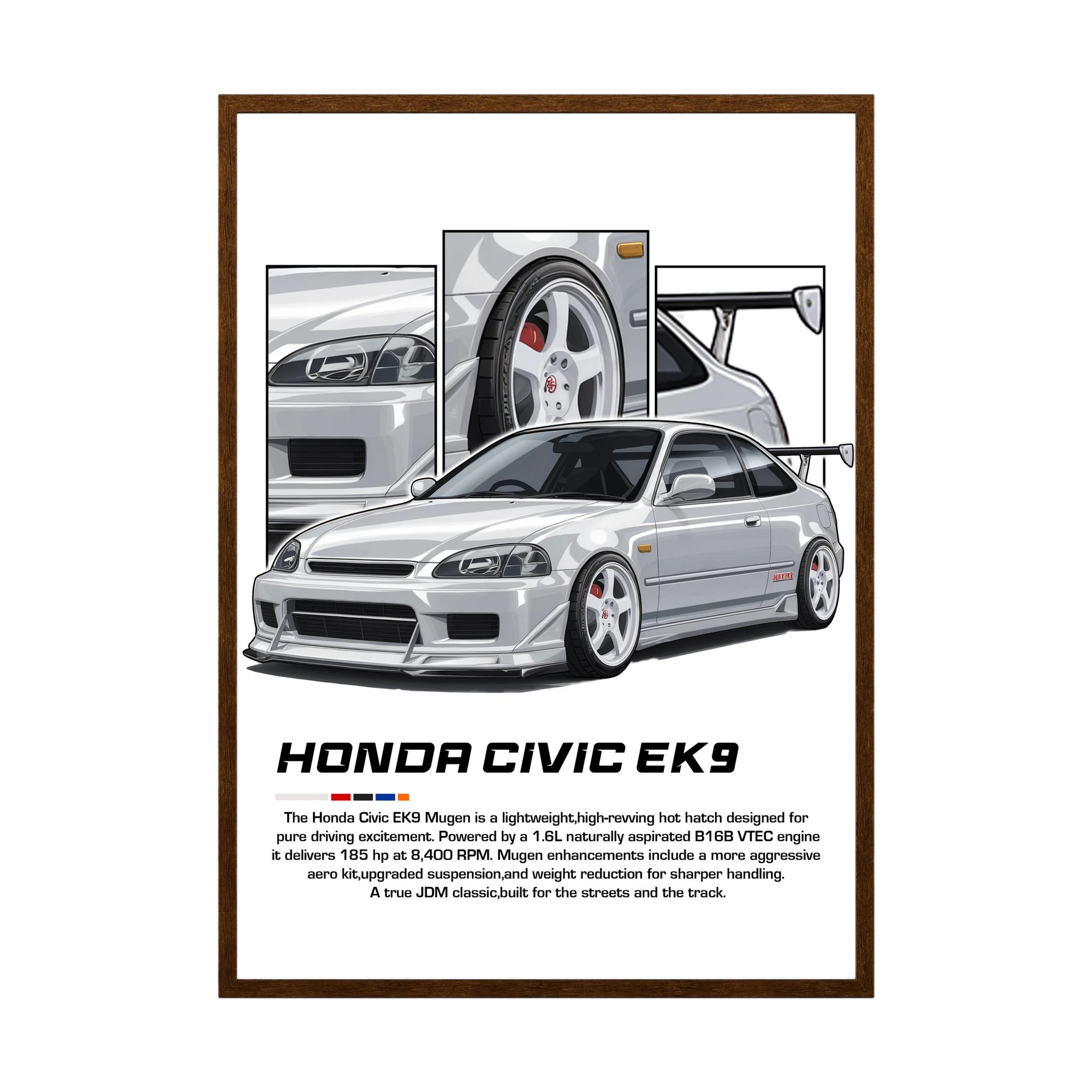 Silver Honda Civic EK9 illustration with white wheels, rear wing and close-up panels.