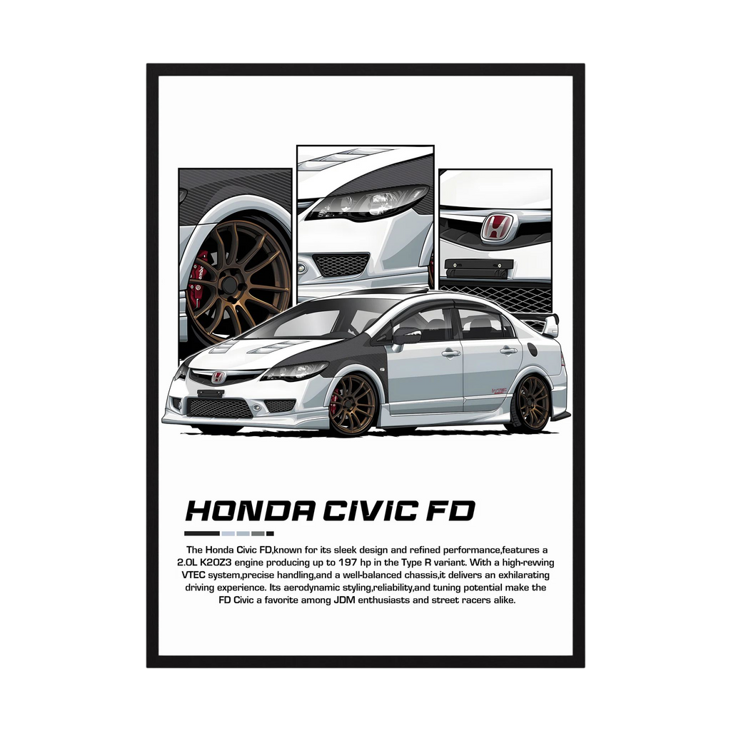 White Honda Civic FD illustration with bronze wheels and close-up body panels.