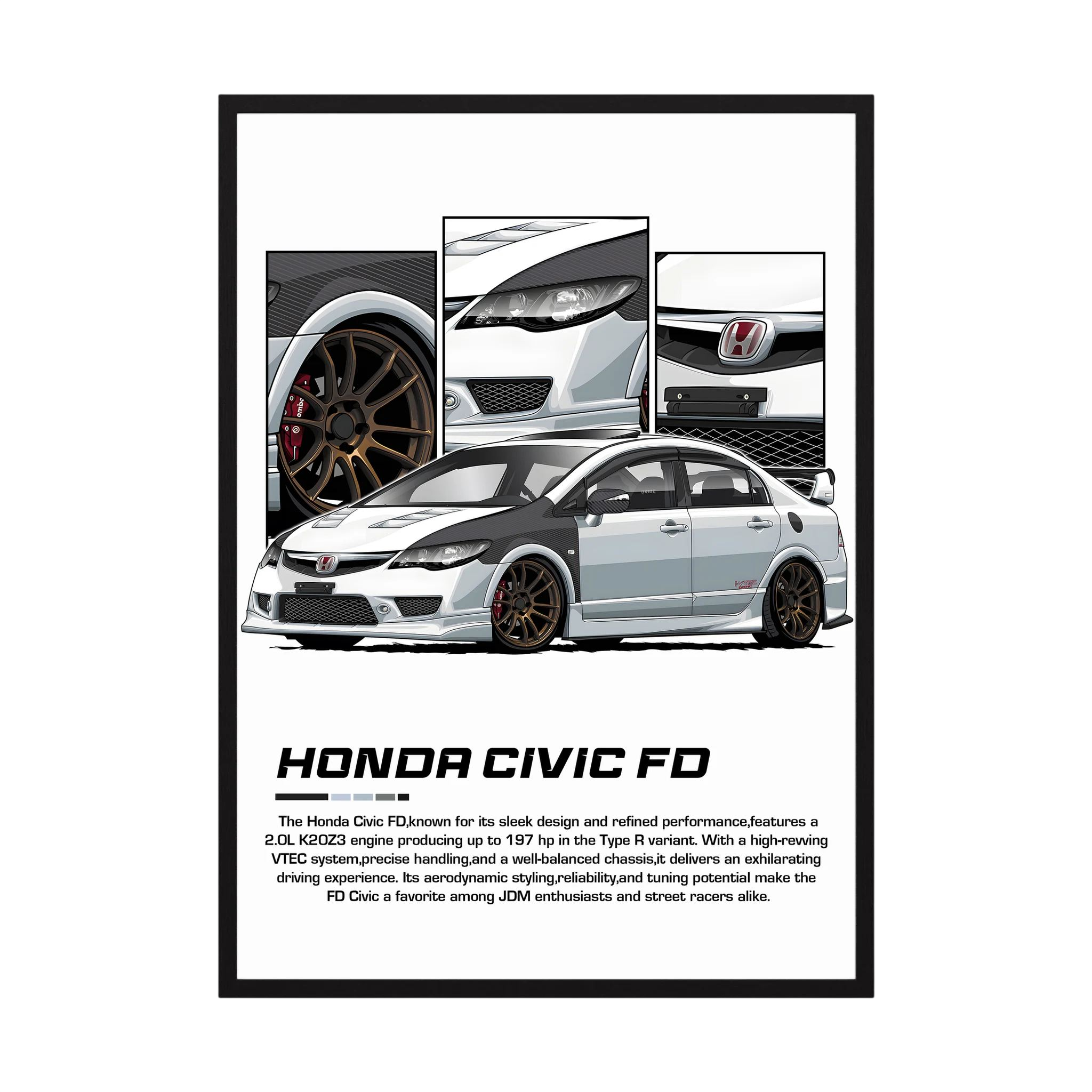 White Honda Civic FD illustration with bronze wheels and close-up body panels.