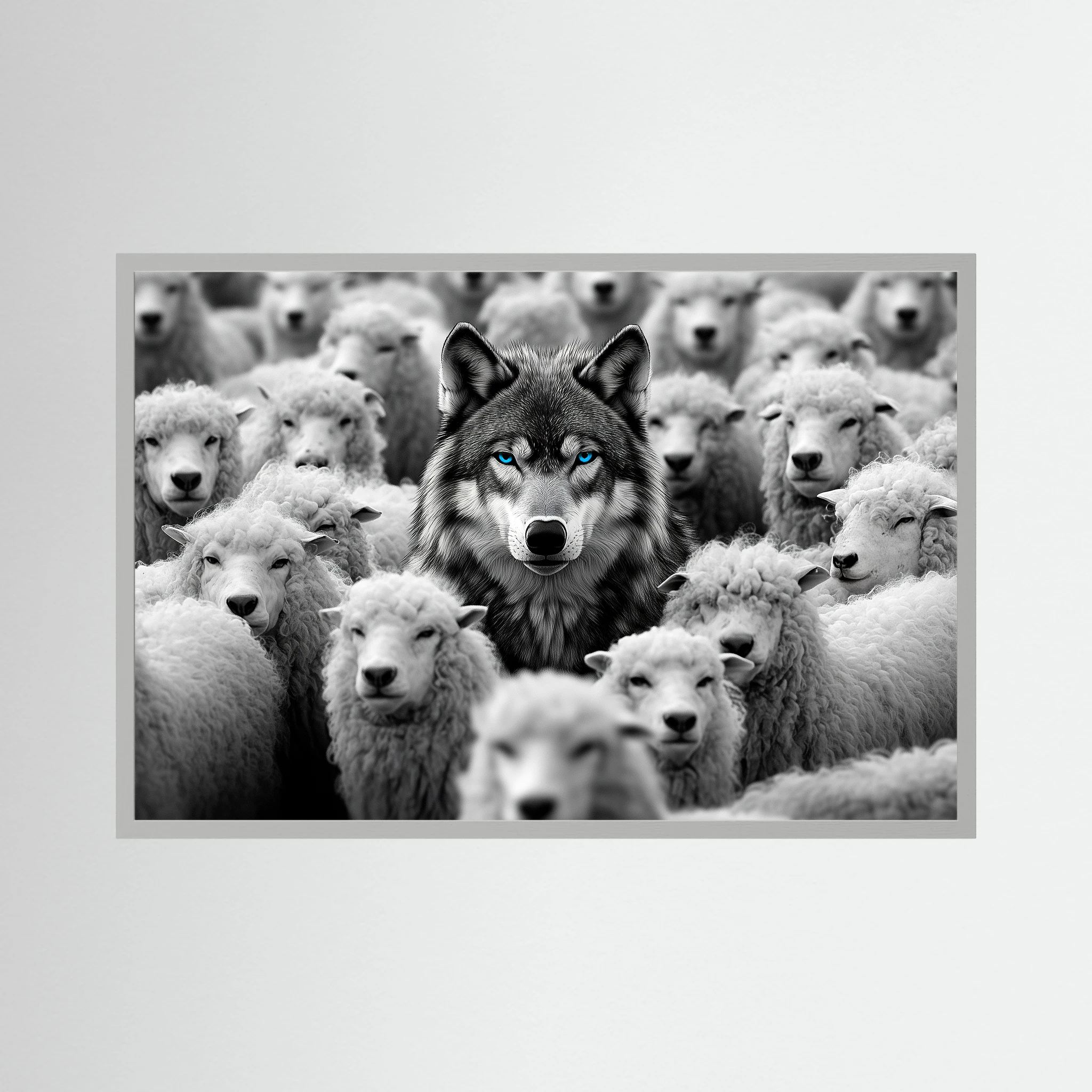 Black and white wolf with vivid blue eyes stands centred among a dense flock of white sheep, shown in product view 2.