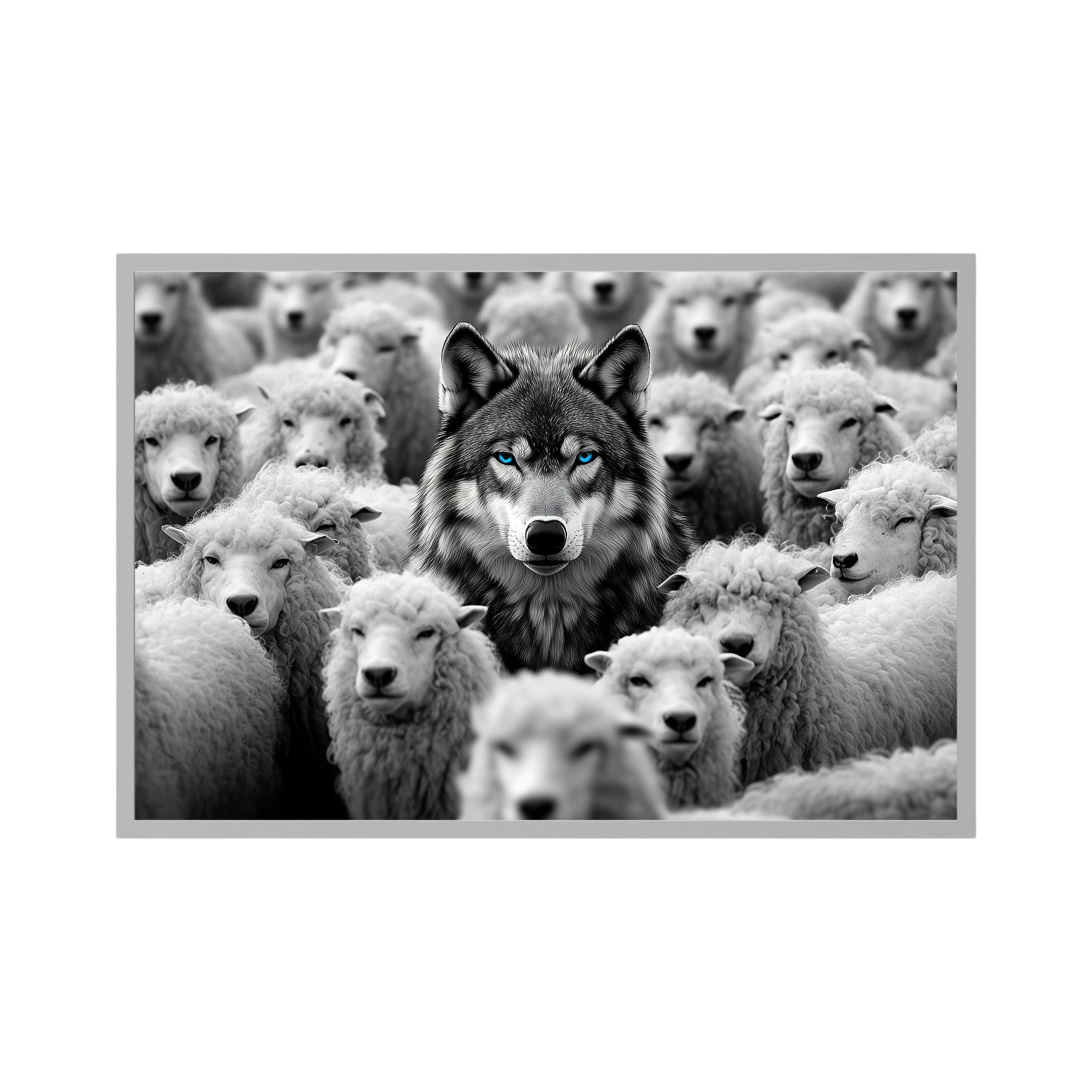 Black and white wolf with vivid blue eyes stands centred among a dense flock of white sheep, shown in product view 2.