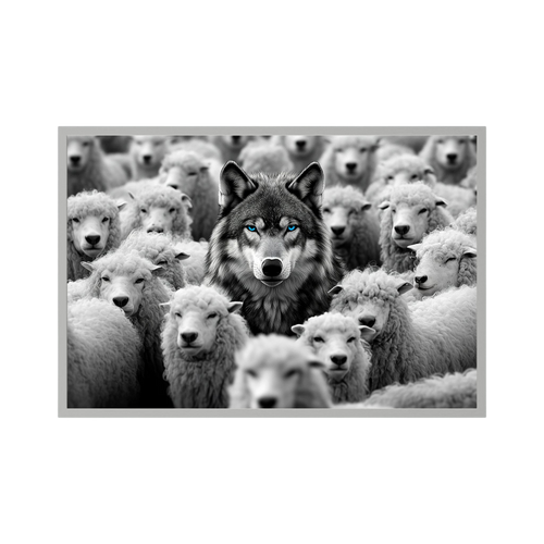 Black and white wolf with vivid blue eyes stands centred among a dense flock of white sheep, shown in product view 2.