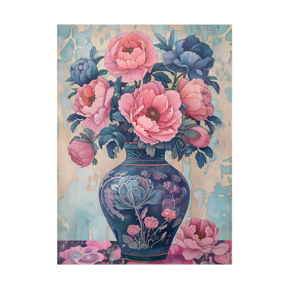 Pink and blue peonies in an ornate blue vase.