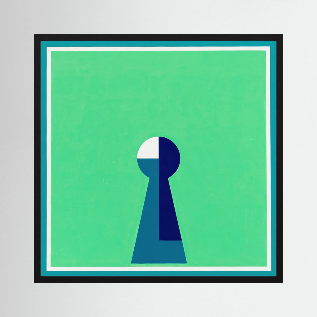 Minimal keyhole form in deep blue and white centred on a luminous green field, shown in product view 3.