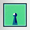 Minimal keyhole form in deep blue and white centred on a luminous green field, shown in product view 3.