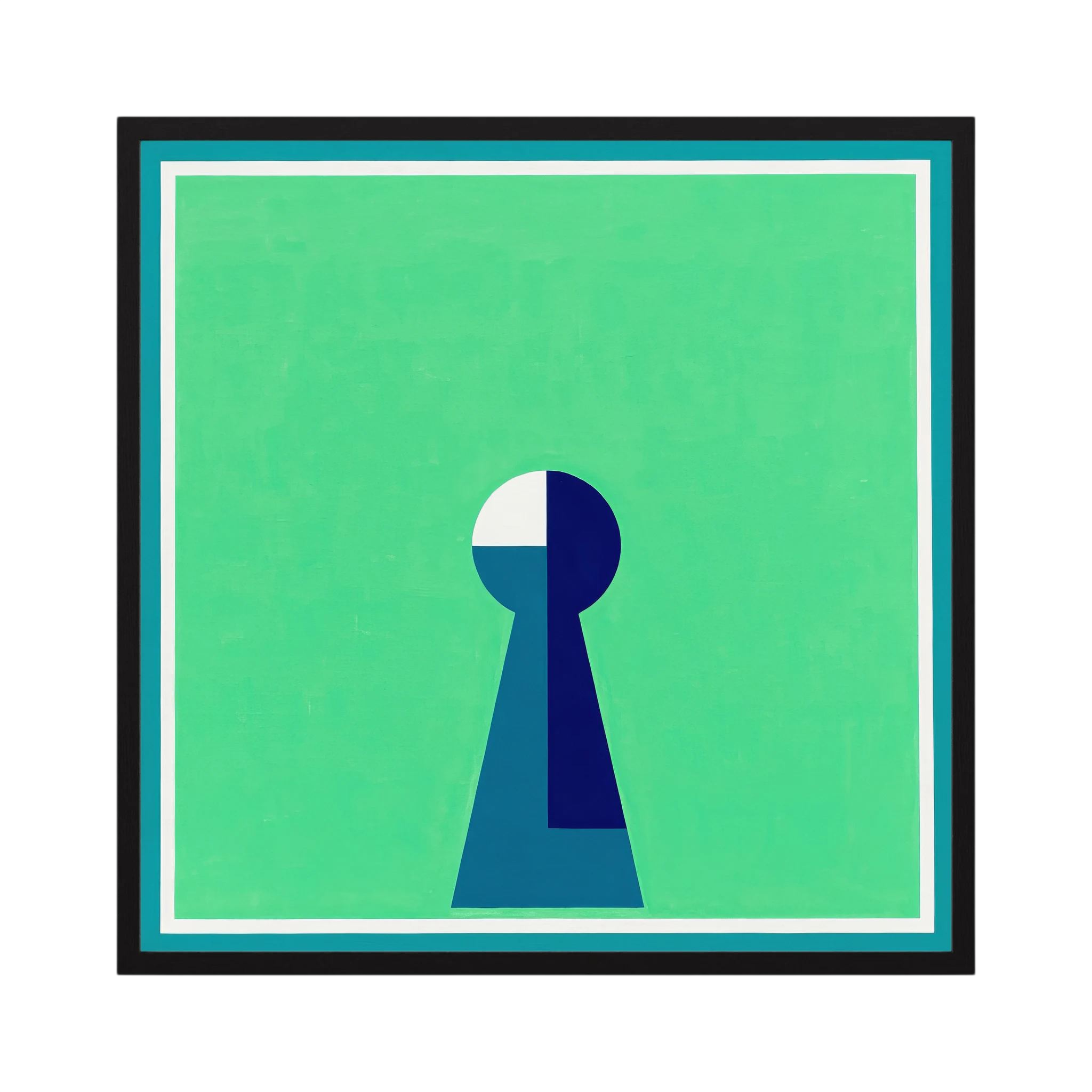 Minimal keyhole form in deep blue and white centred on a luminous green field, shown in product view 3.