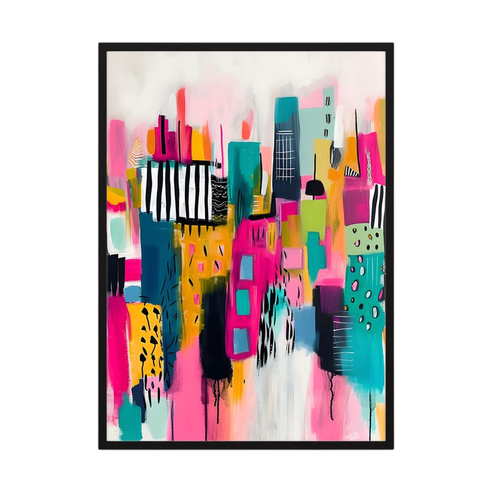 Neon Metropolis colourful abstract cityscape print, product view 3.