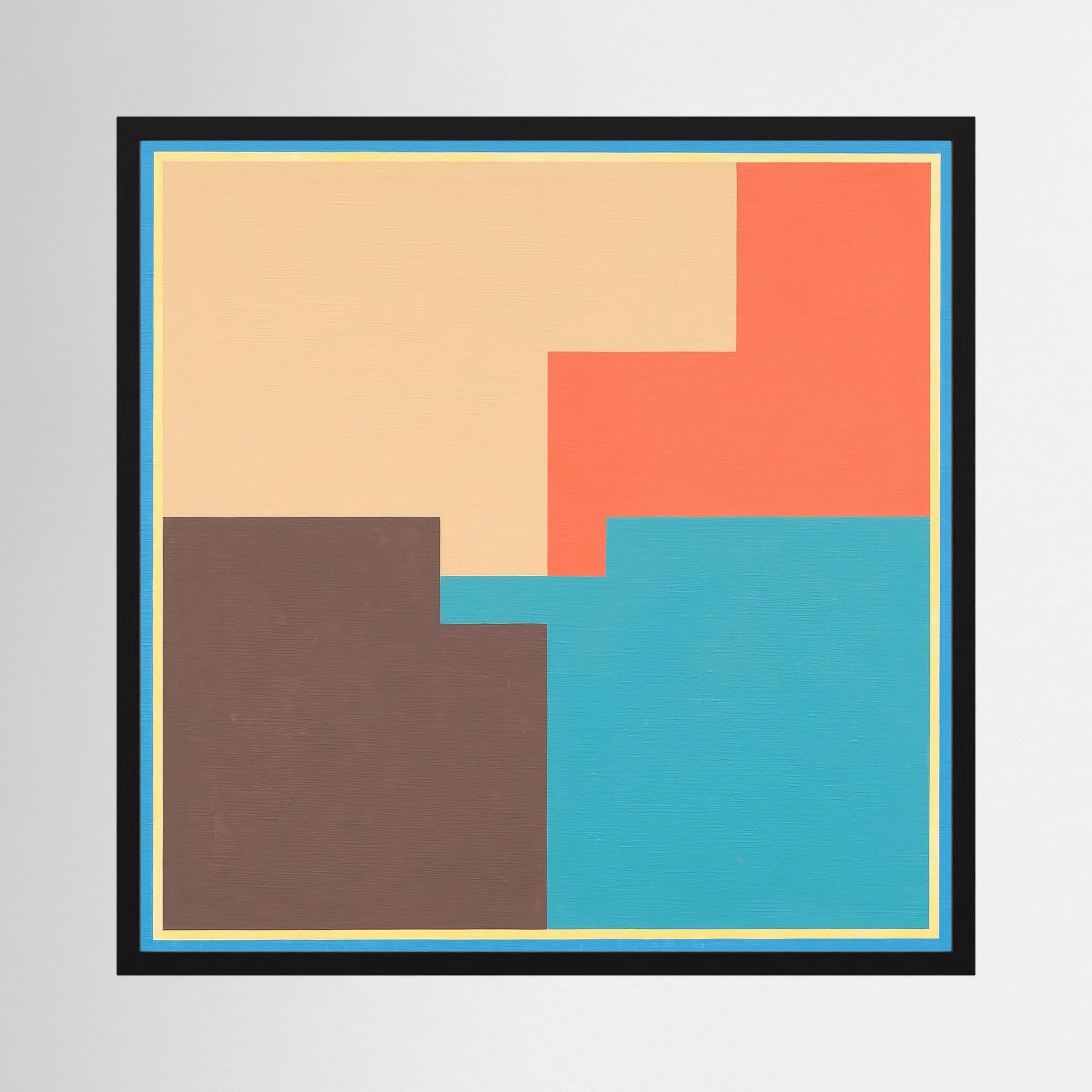 Coral, turquoise, brown and cream blocks overlap within a crisp geometric border, shown in product view 2.