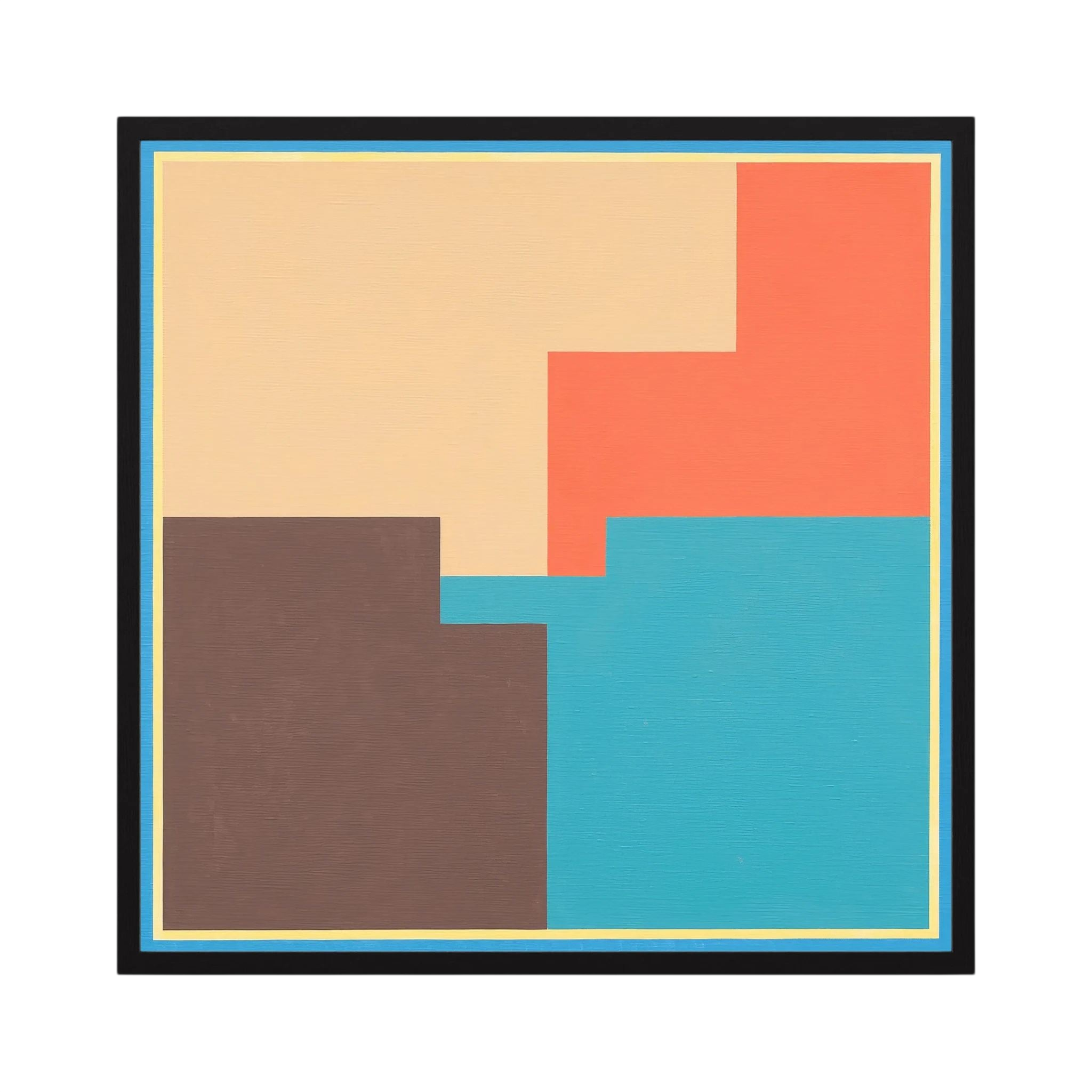 Coral, turquoise, brown and cream blocks overlap within a crisp geometric border, shown in product view 2.