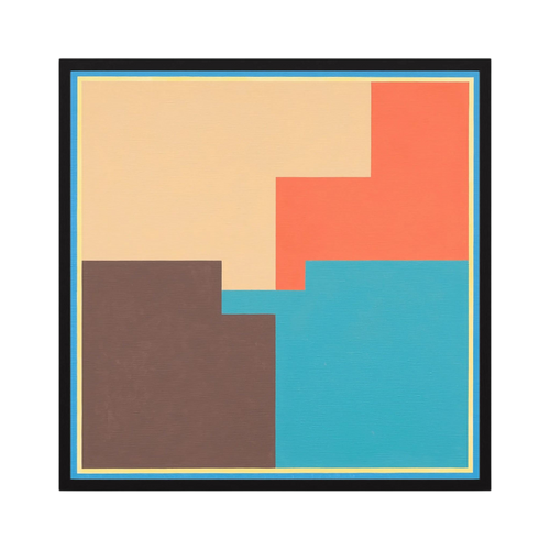 Coral, turquoise, brown and cream blocks overlap within a crisp geometric border, shown in product view 2.