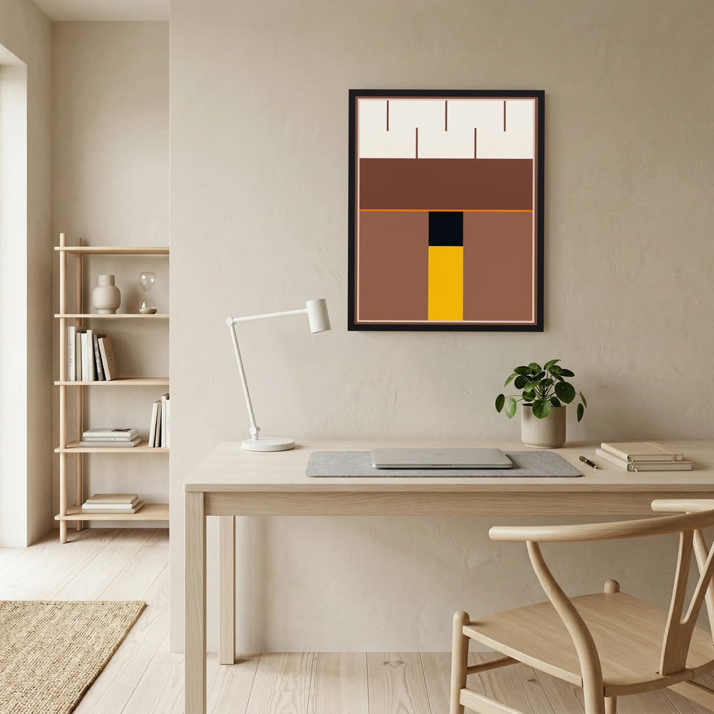 Brown and cream geometric planes centred by a black and golden-yellow vertical axis, shown in product view 8.