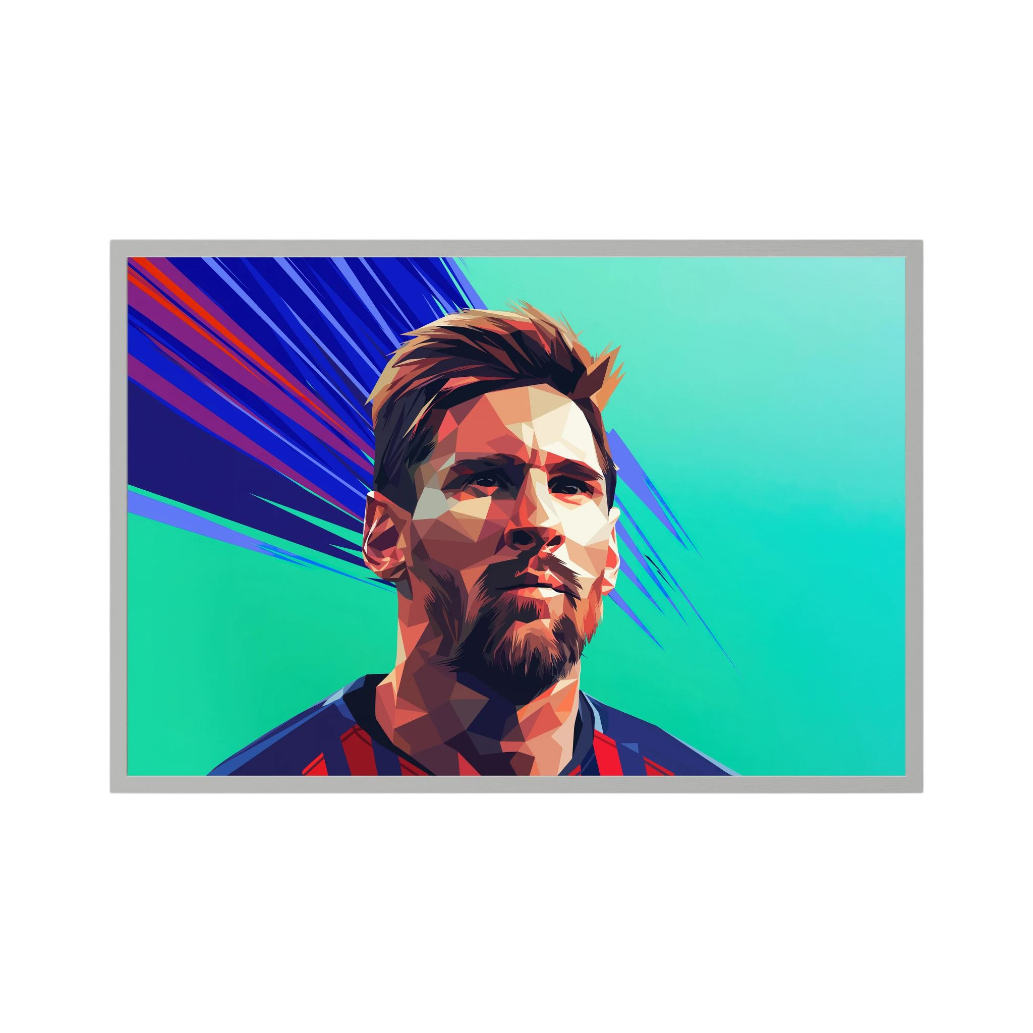 Geometric portrait of Lionel Messi in blue and red against a teal background with sweeping blue lines, shown in product view 4.