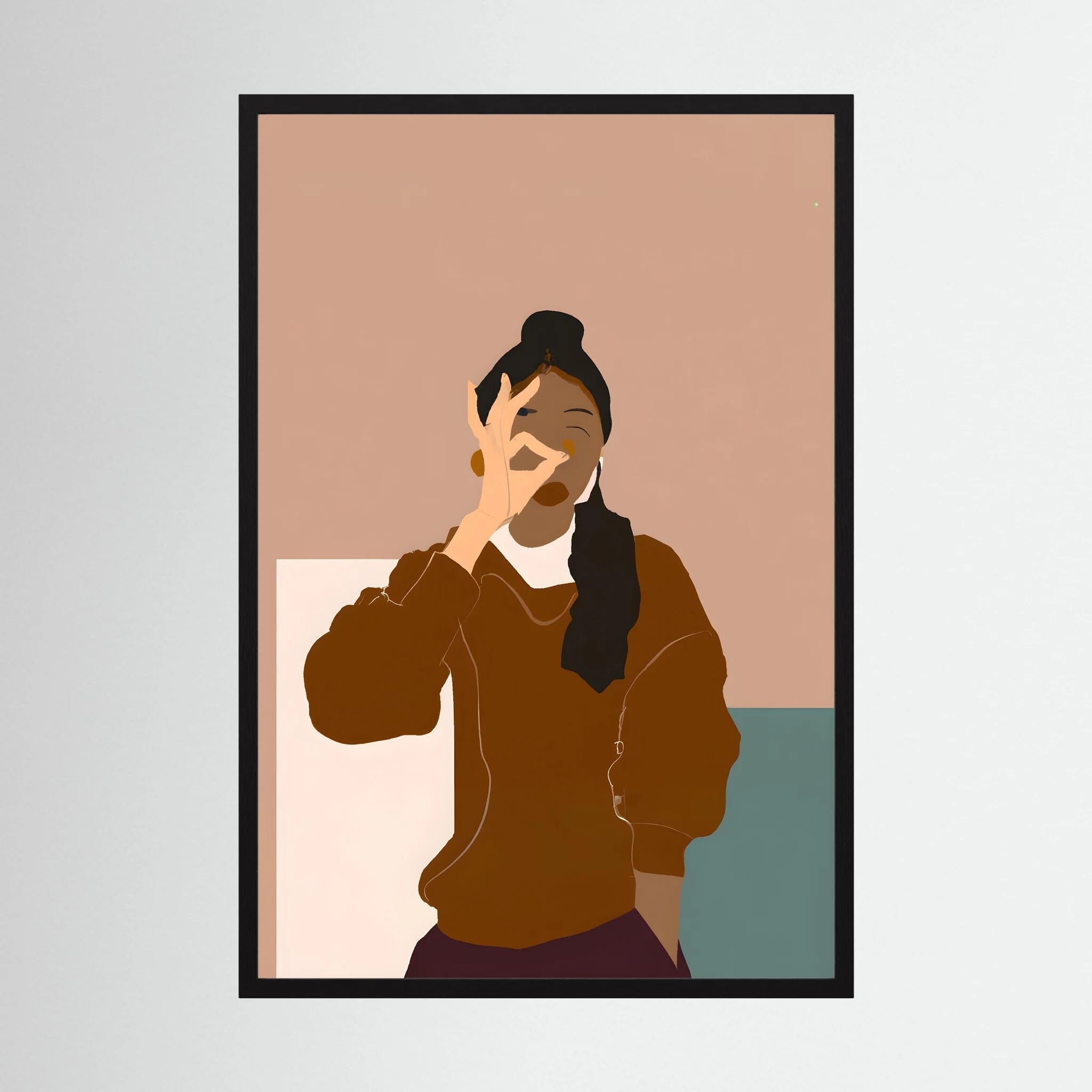 Minimalist woman in warm brown tones making an OK gesture against blush and muted teal blocks, shown in product view 3.