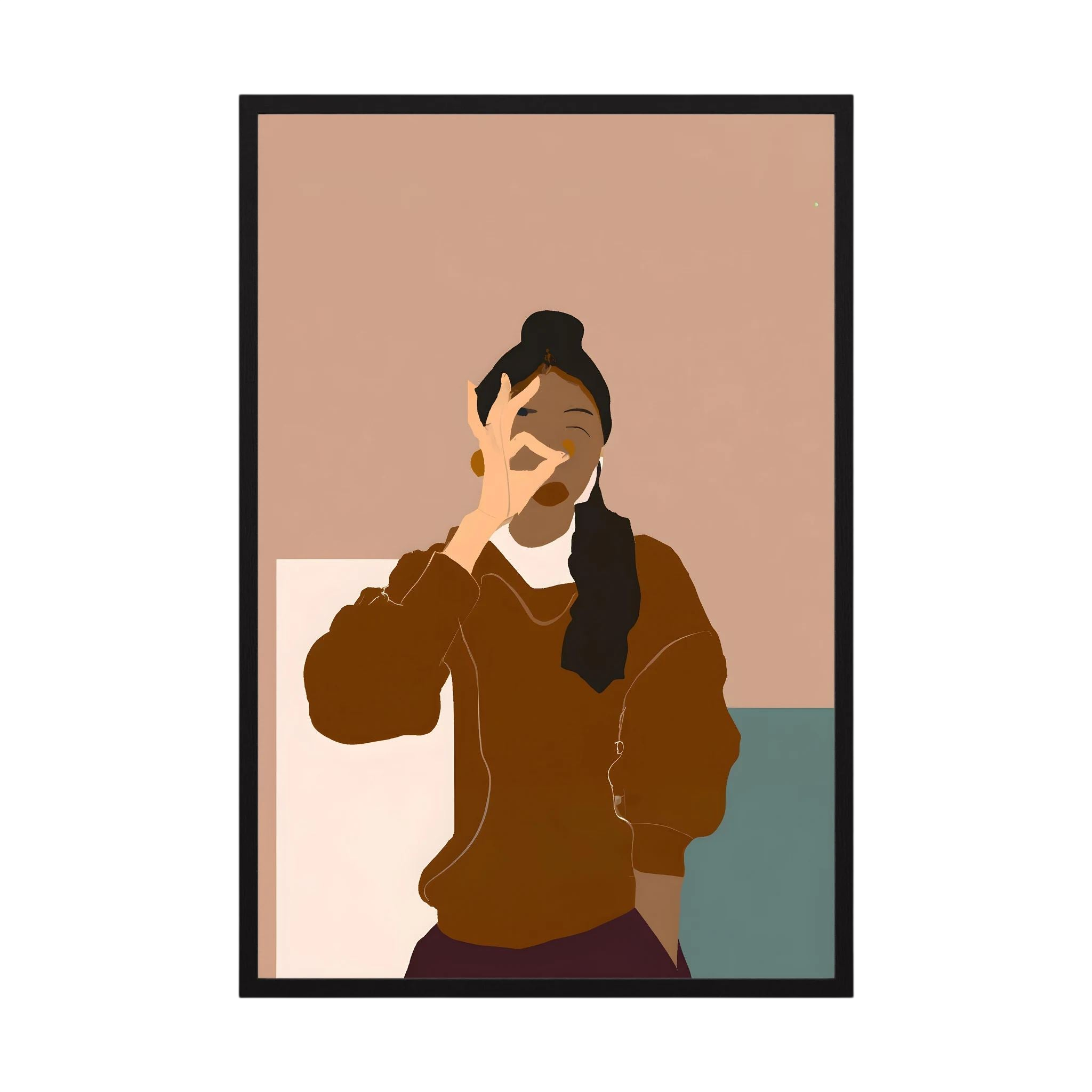 Minimalist woman in warm brown tones making an OK gesture against blush and muted teal blocks, shown in product view 3.