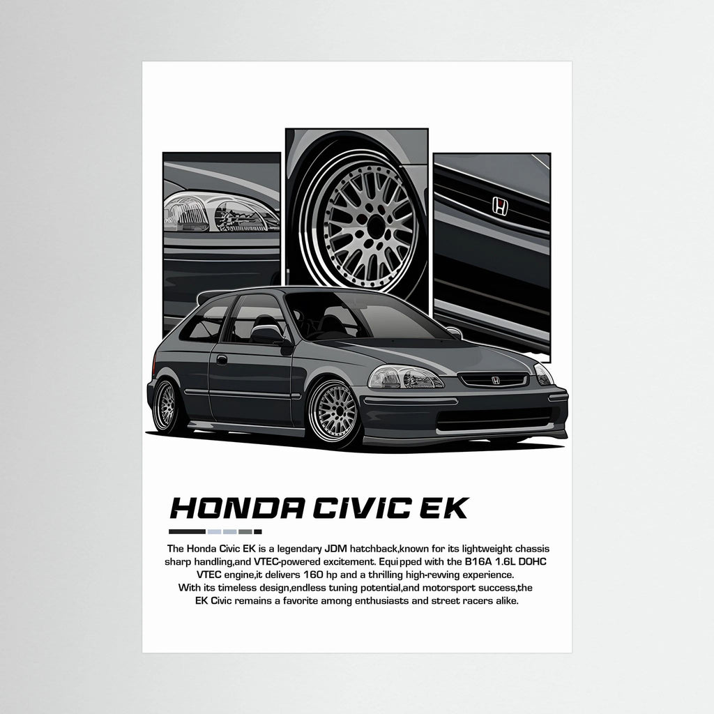 Grey Honda Civic EK illustration with close-up panels of headlights, wheel and grille.