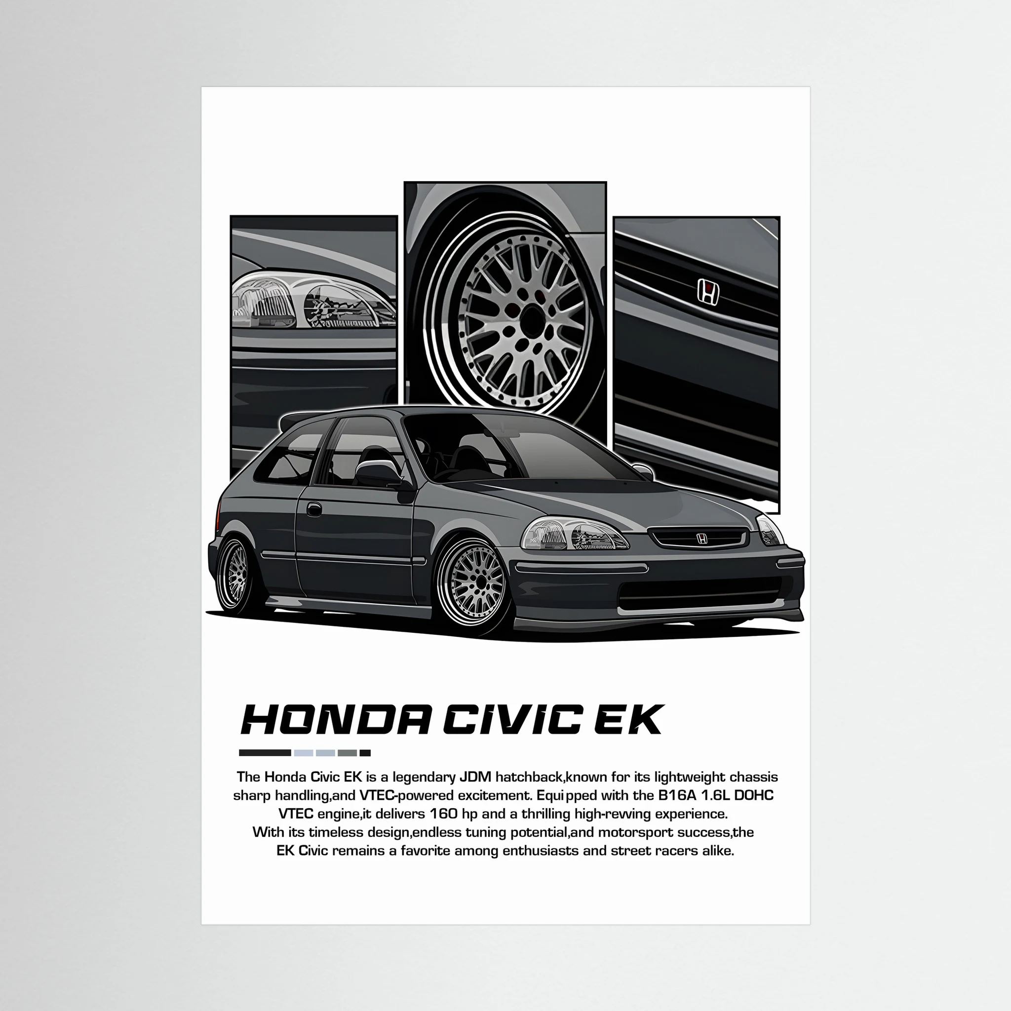 Grey Honda Civic EK illustration with close-up panels of headlights, wheel and grille.