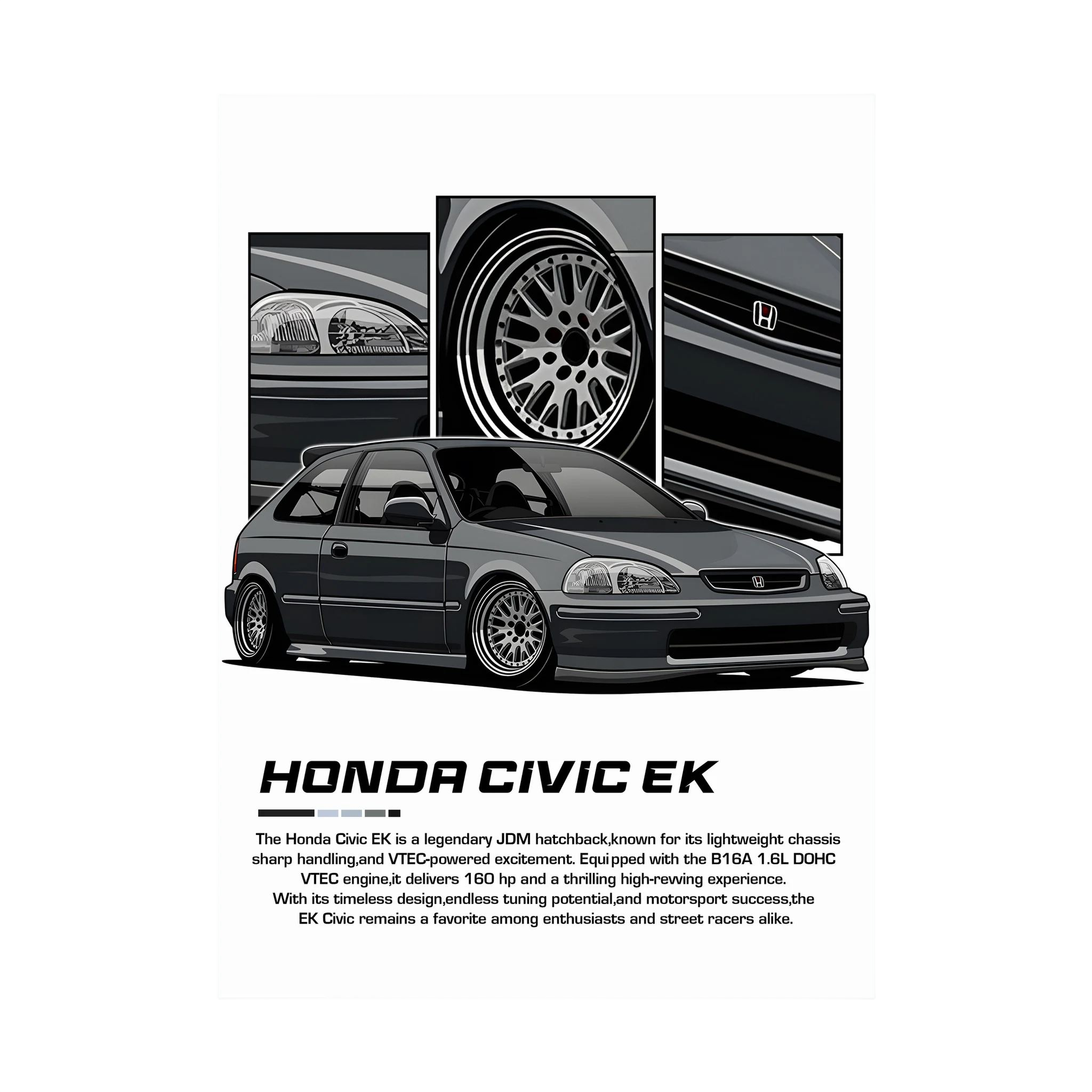 Grey Honda Civic EK illustration with close-up panels of headlights, wheel and grille.