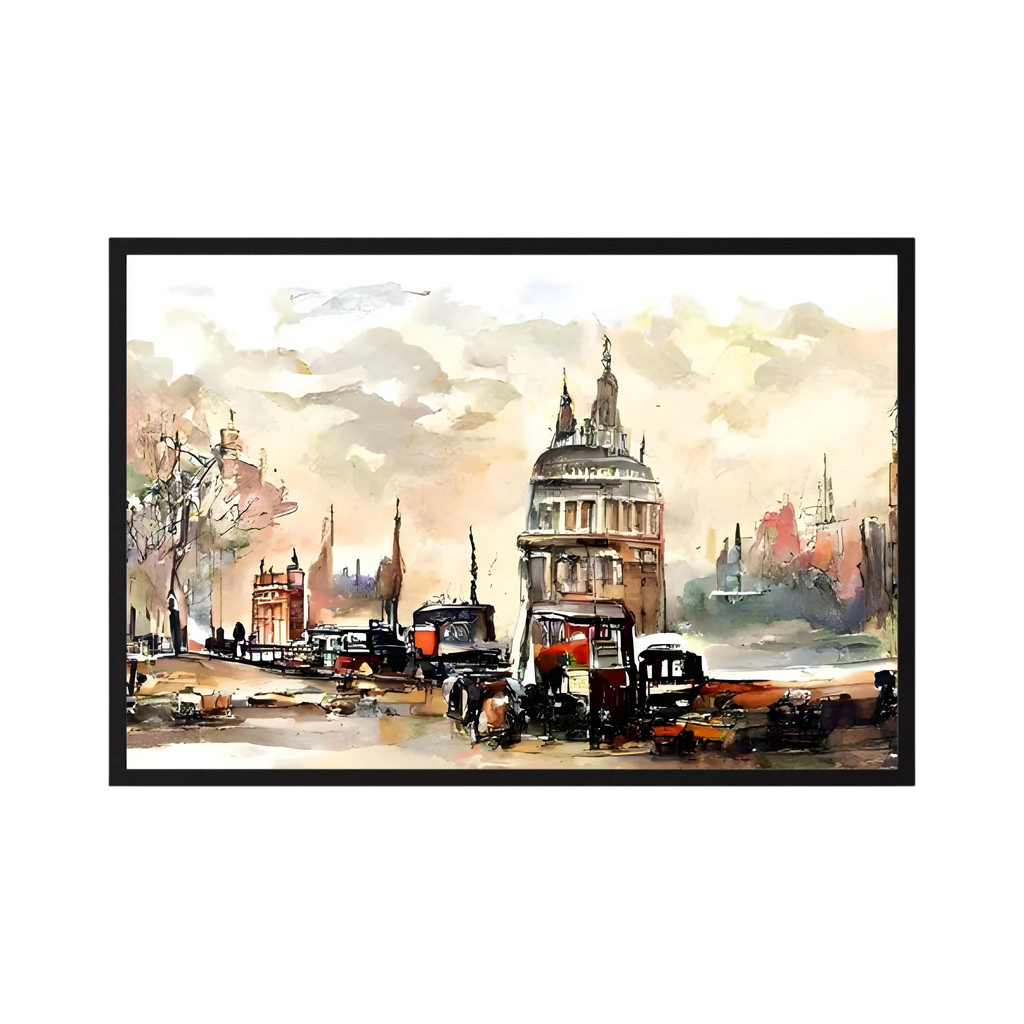 Watercolour London city scene with St Paul's Cathedral and street traffic.