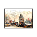 Watercolour London city scene with St Paul's Cathedral and street traffic.