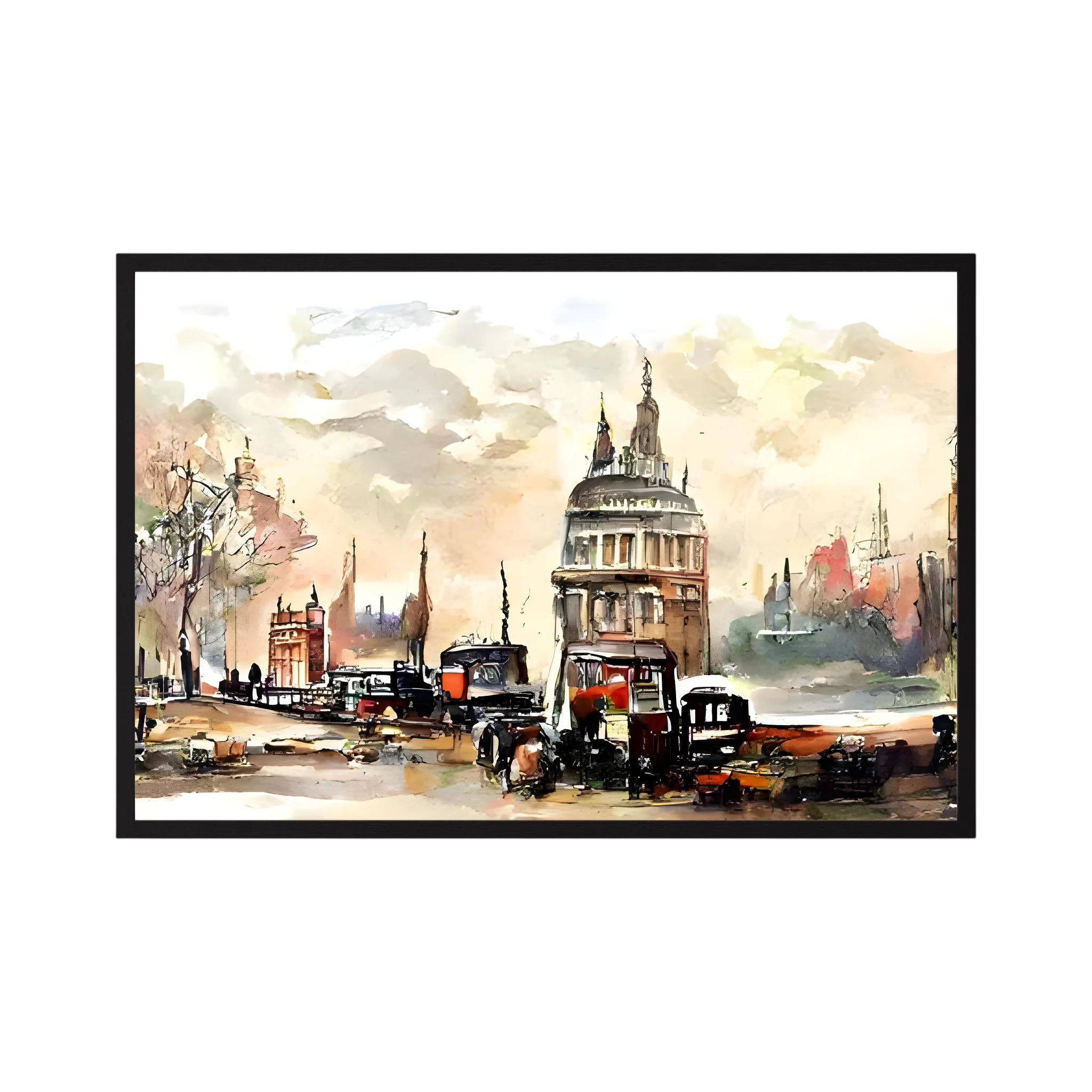 Watercolour London city scene with St Paul's Cathedral and street traffic.