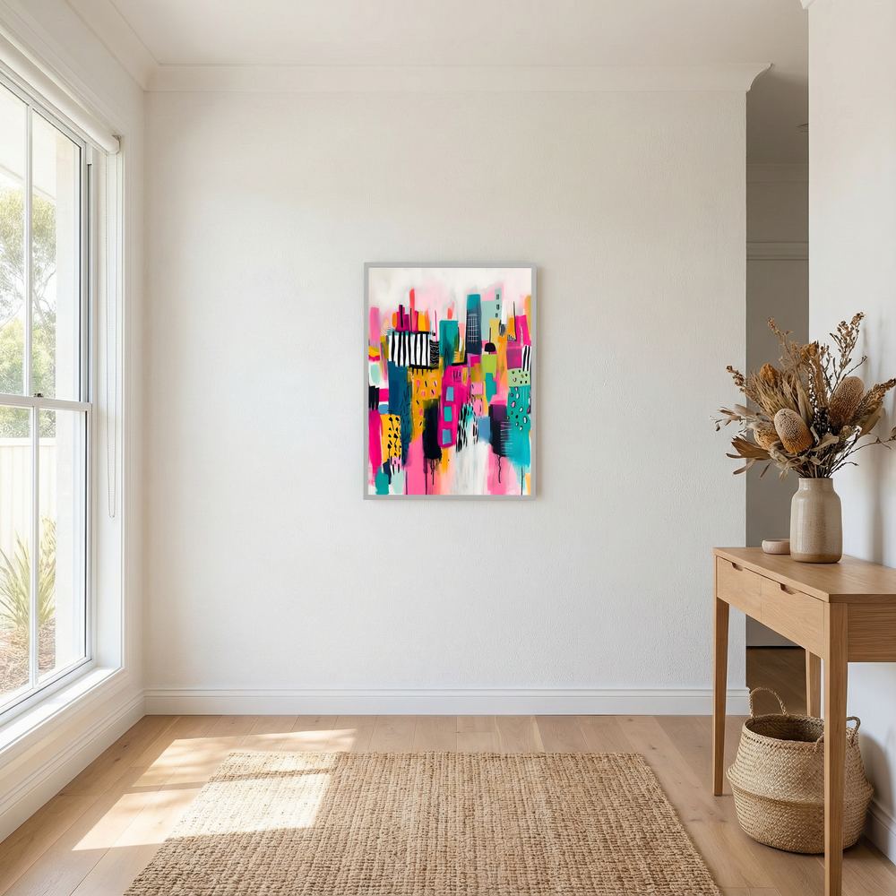 Neon Metropolis colourful abstract cityscape print, product view 8.