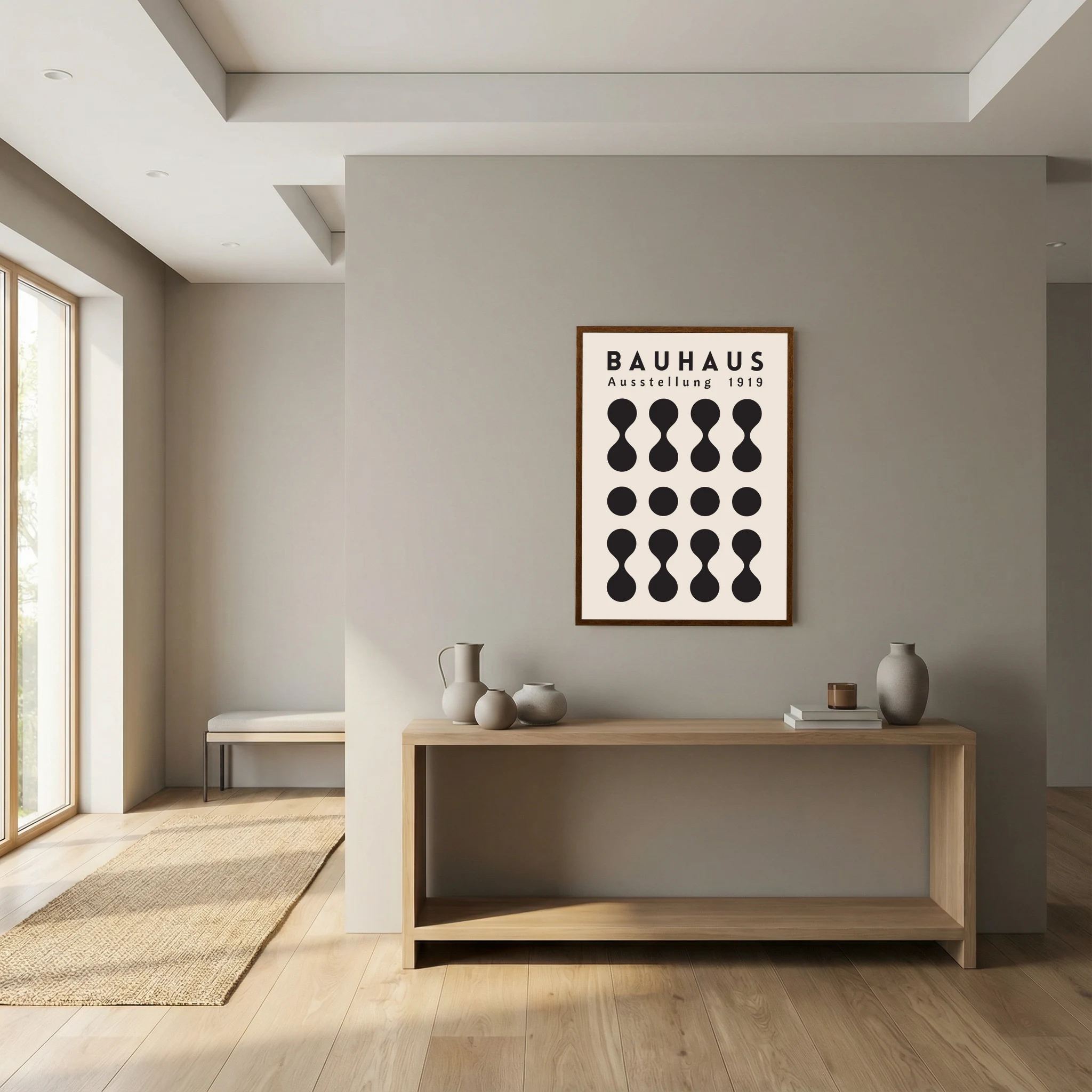 Black Bauhaus poster with repeating circles and hourglass geometric forms on cream.