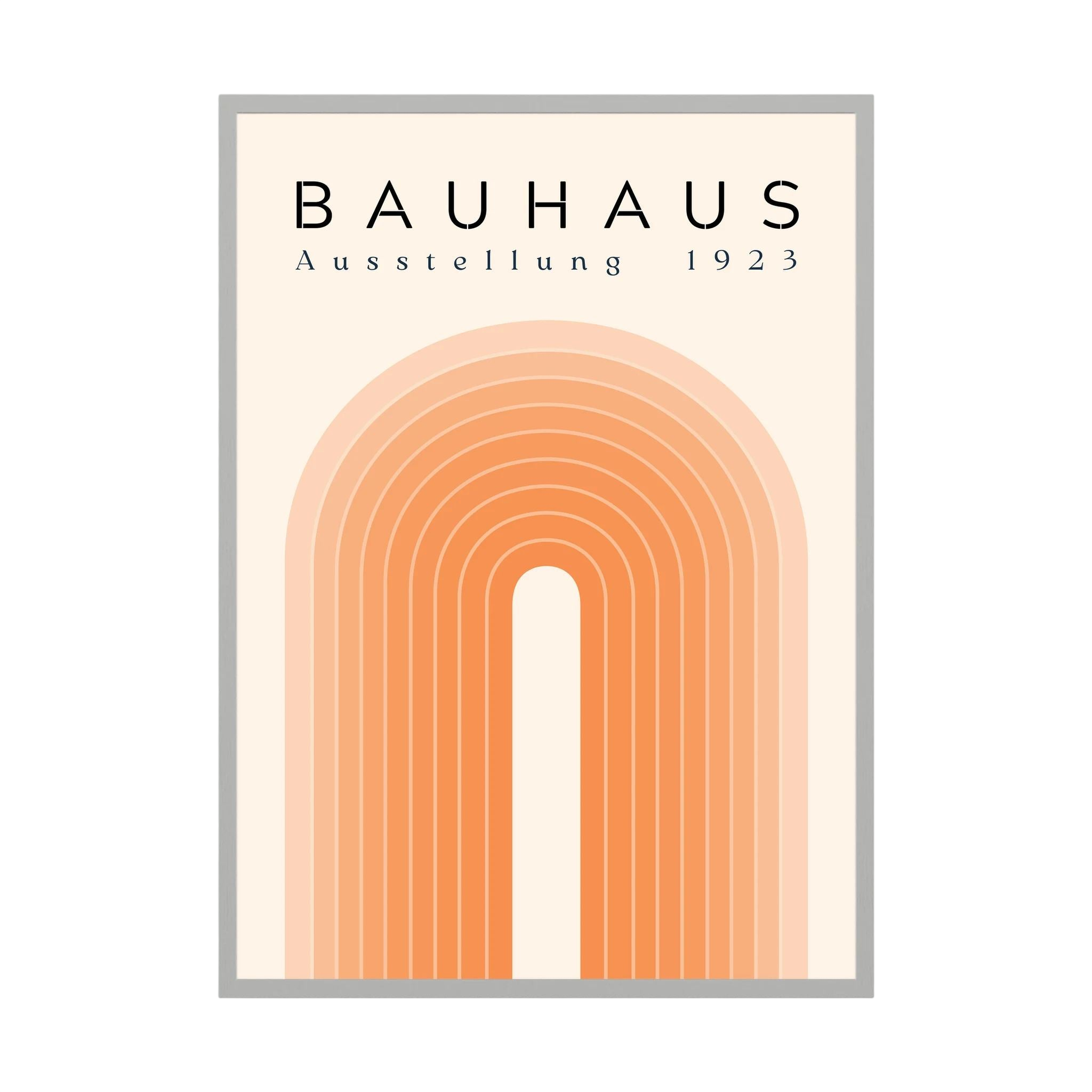 Peach and cream Bauhaus poster with layered concentric arch lines.