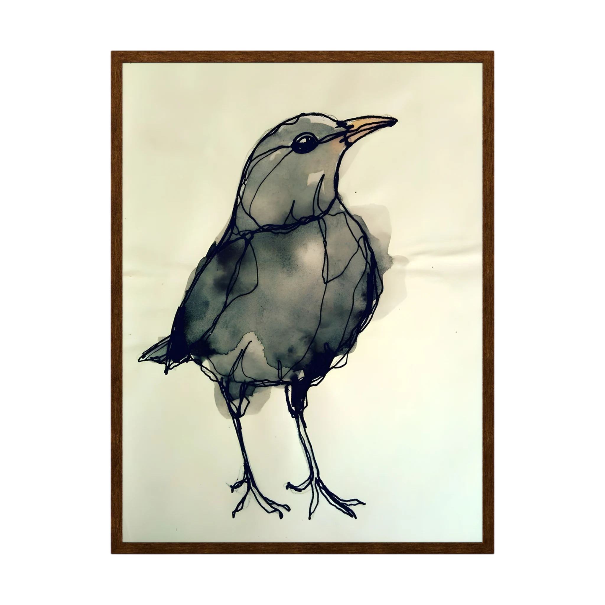 Loose grey and black watercolour study of a small bird standing on a pale background.