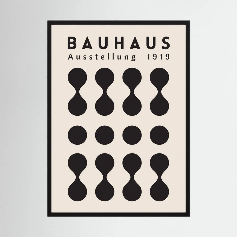 Black Bauhaus poster with repeating circles and hourglass geometric forms on cream.