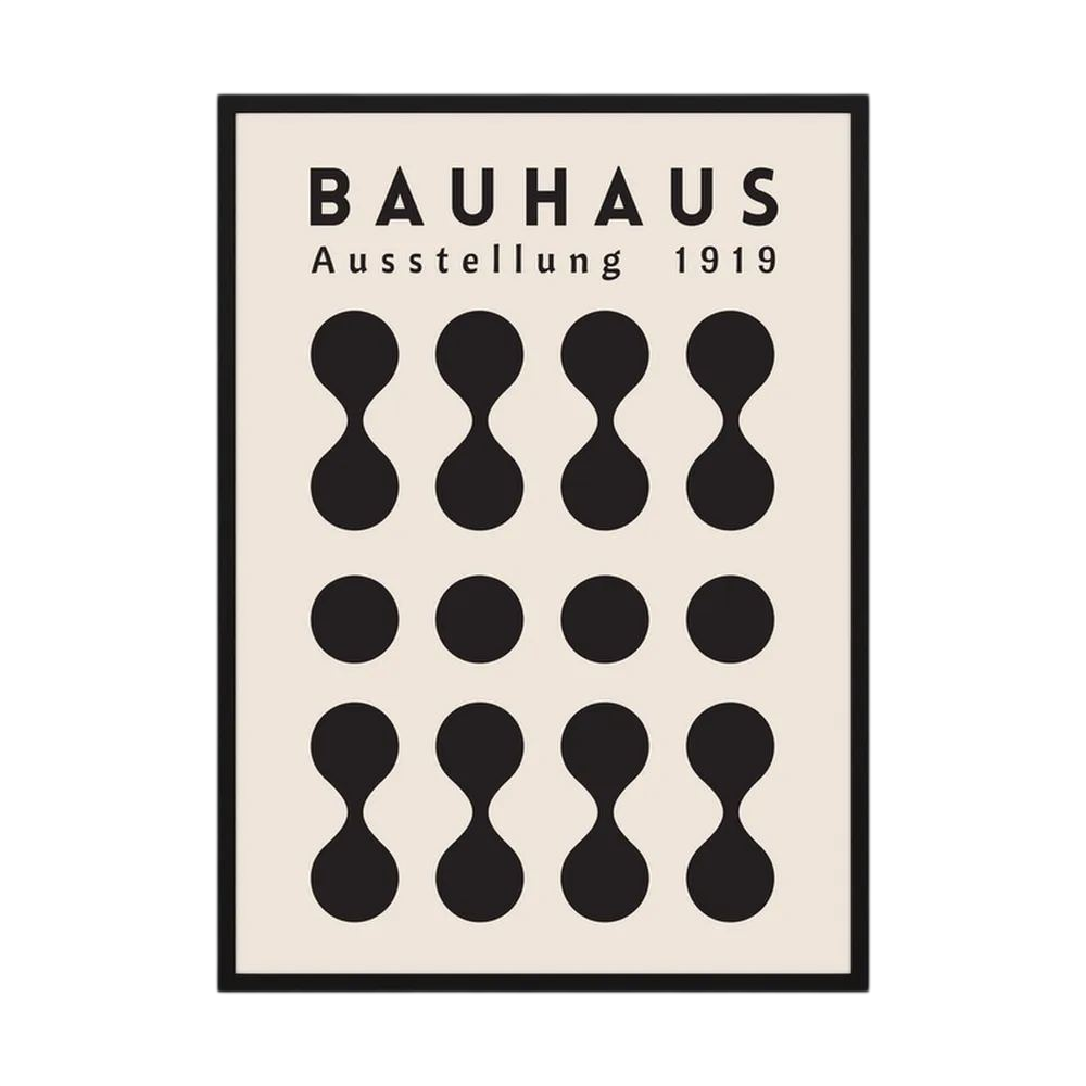 Black Bauhaus poster with repeating circles and hourglass geometric forms on cream.